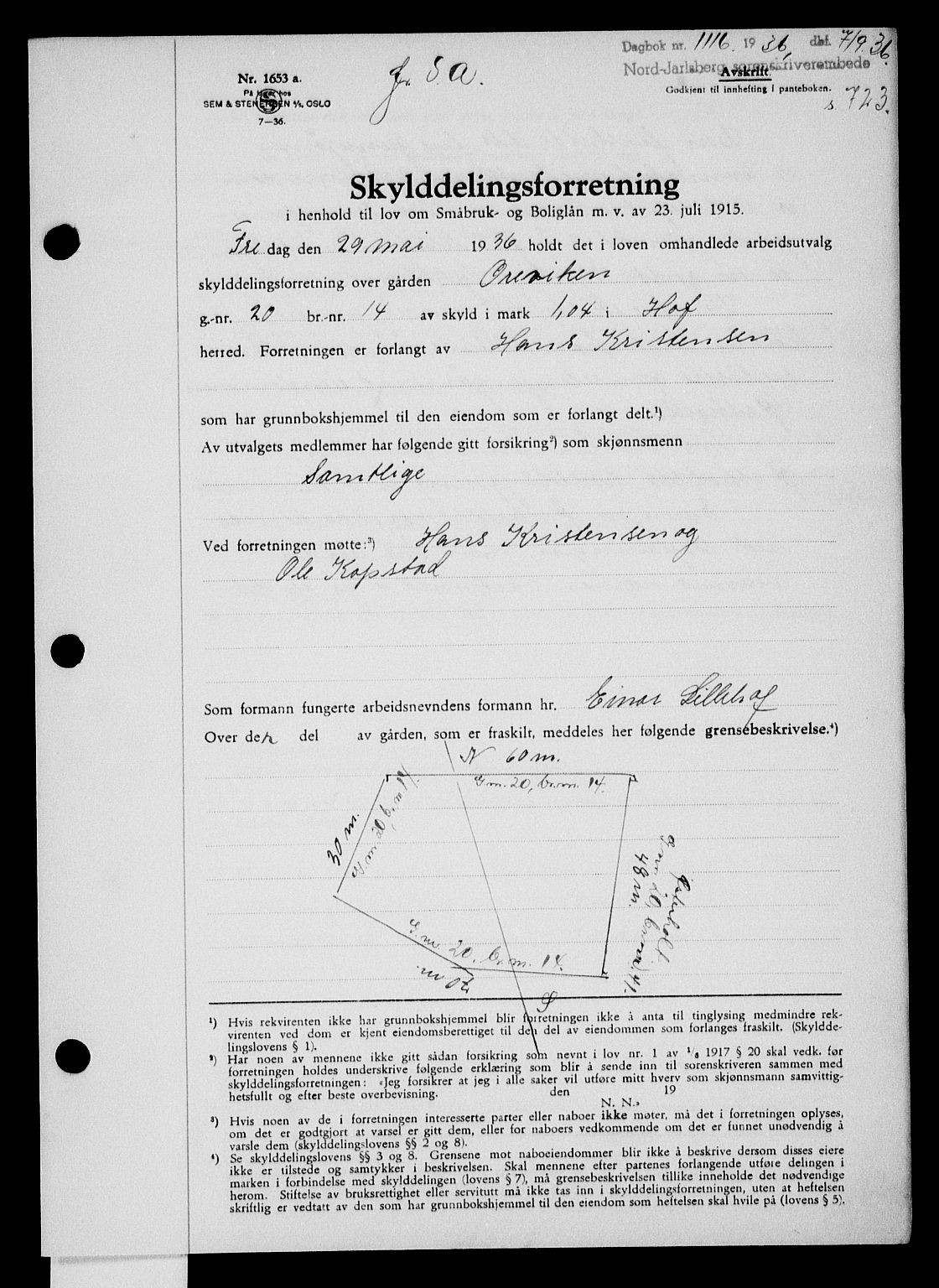 Holmestrand sorenskriveri, SAKO/A-67/G/Ga/Gaa/L0047: Pantebok nr. A-47, 1936-1936, Dagboknr: 1116/1936