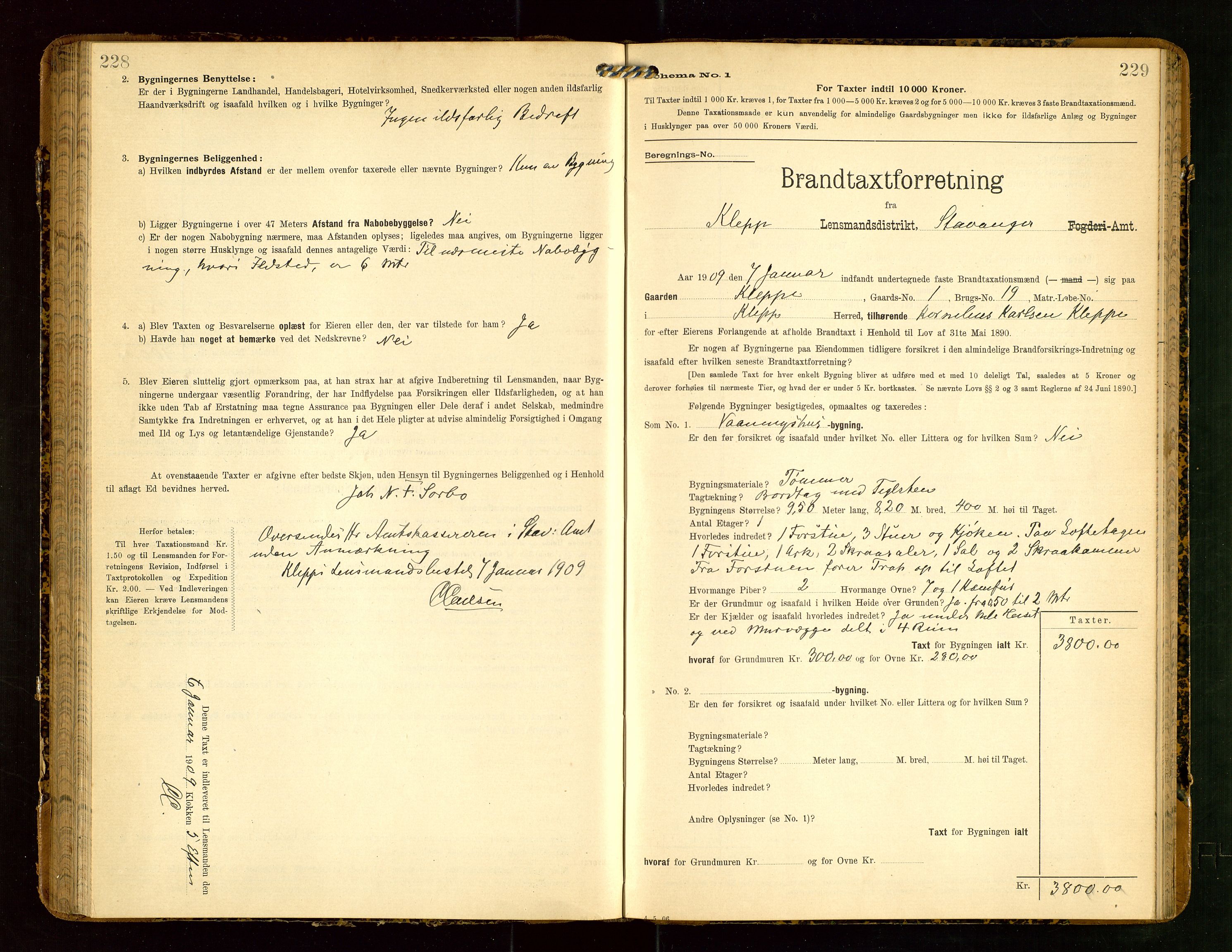Klepp lensmannskontor, SAST/A-100163/Goc/L0004: "Brandtaxationsprotokol" m/register, 1906-1908, s. 228-229