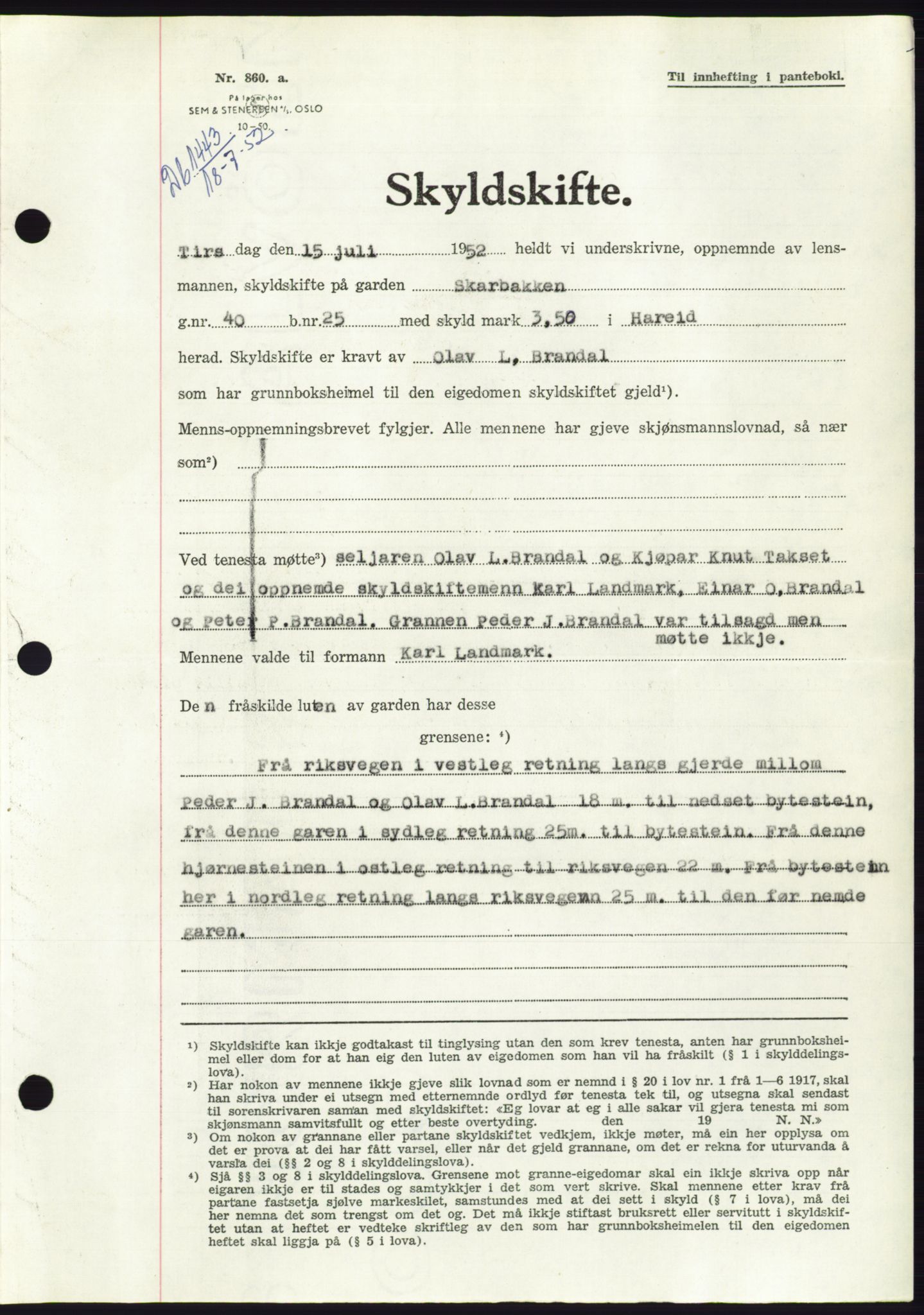 Søre Sunnmøre sorenskriveri, AV/SAT-A-4122/1/2/2C/L0092: Pantebok nr. 18A, 1952-1952, Dagboknr: 1443/1952