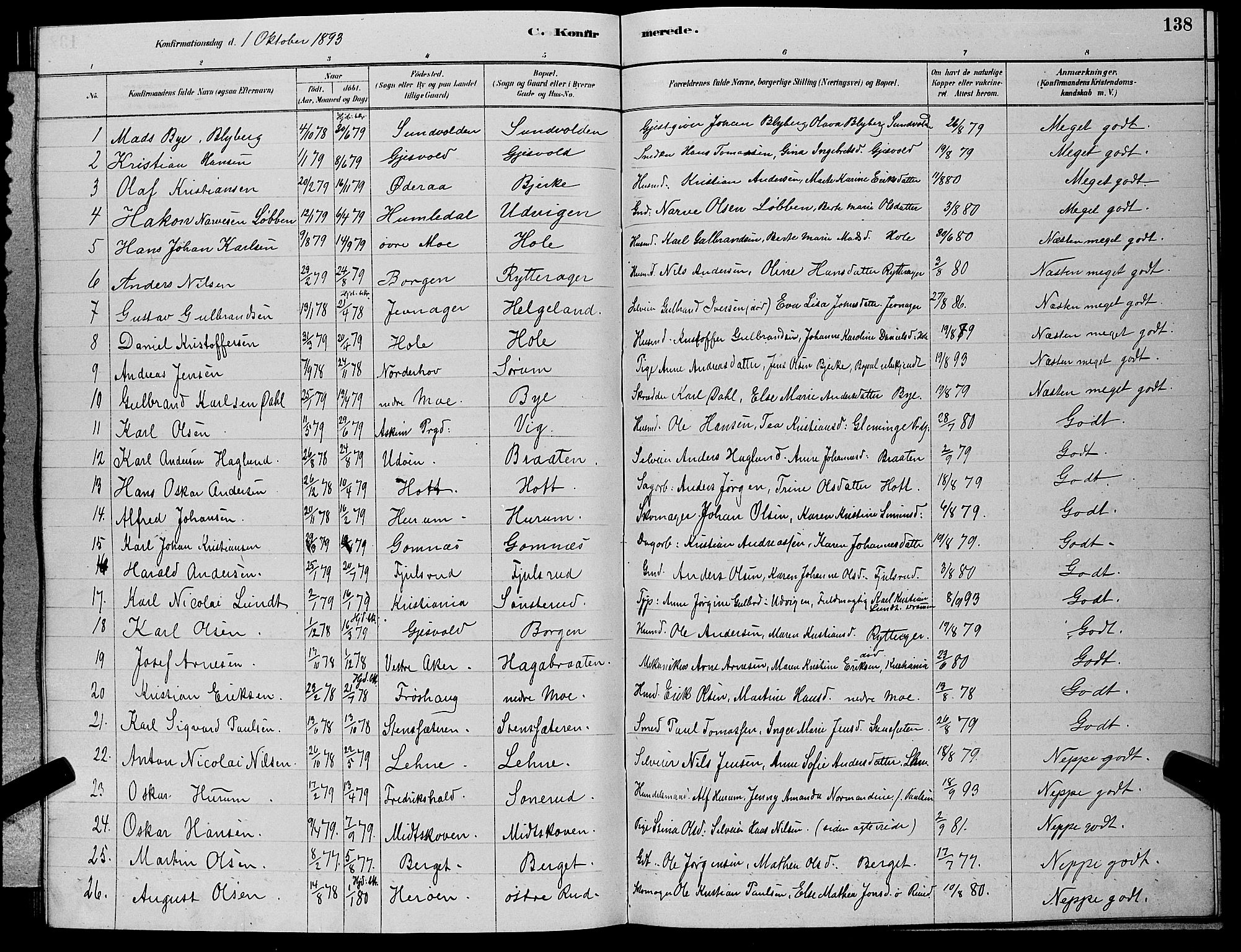 Hole kirkebøker, AV/SAKO-A-228/G/Ga/L0003: Klokkerbok nr. I 3, 1879-1904, s. 138