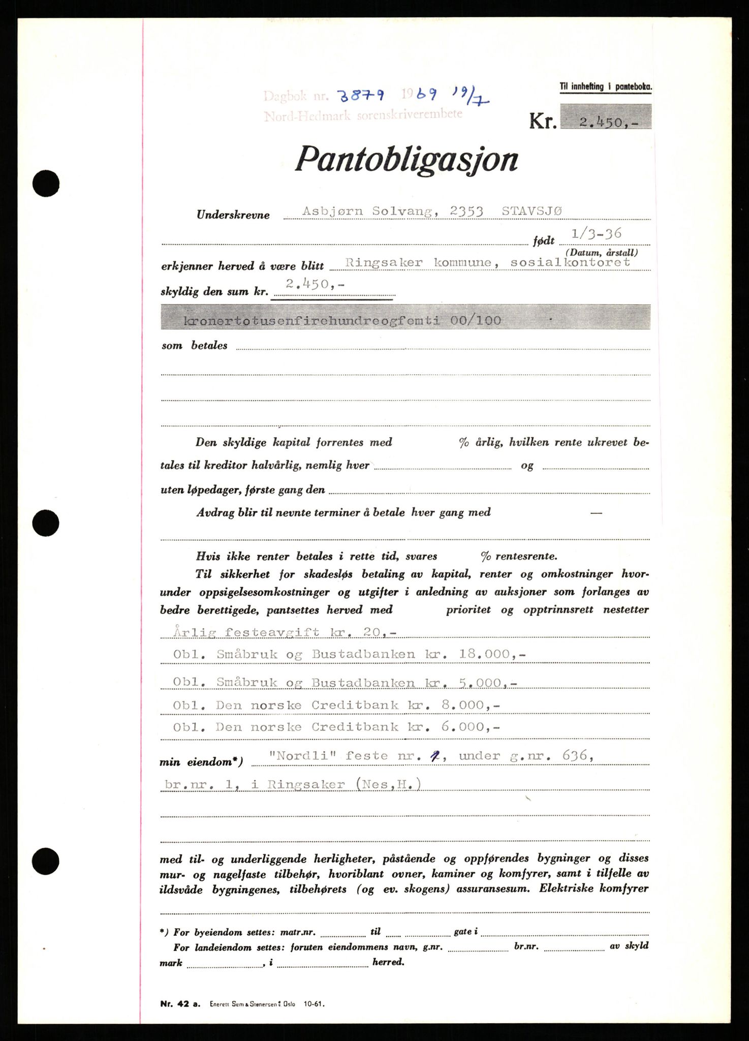 Nord-Hedmark sorenskriveri, SAH/TING-012/H/Hb/Hbf/L0080: Pantebok nr. B80, 1969-1969, Dagboknr: 3879/1969