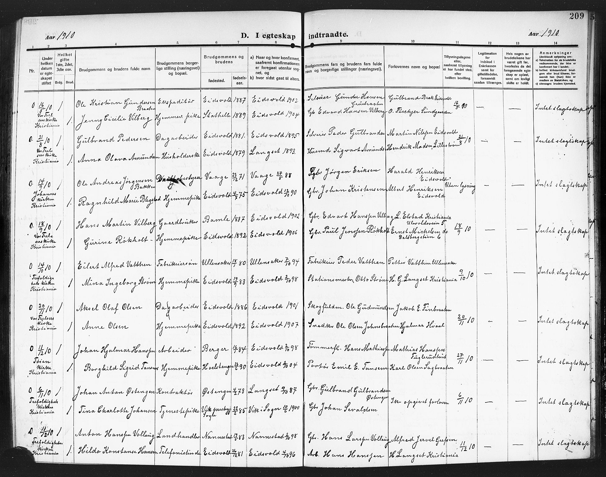 Eidsvoll prestekontor Kirkebøker, AV/SAO-A-10888/G/Ga/L0008: Klokkerbok nr. I 8, 1909-1918, s. 209