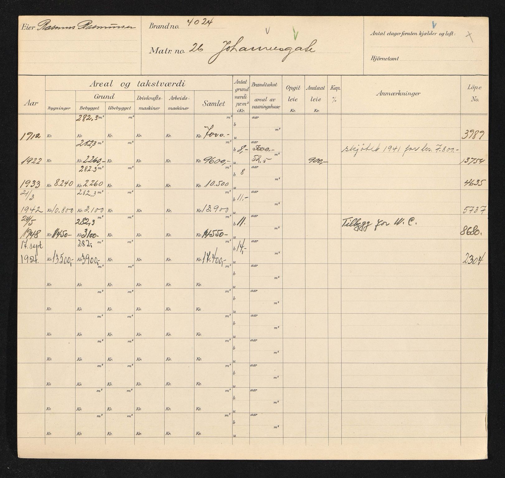 Stavanger kommune. Skattetakstvesenet, BYST/A-0440/F/Fa/Faa/L0021/0005: Skattetakstkort / Johannesgata 26 - Jonas Dahls plass 15