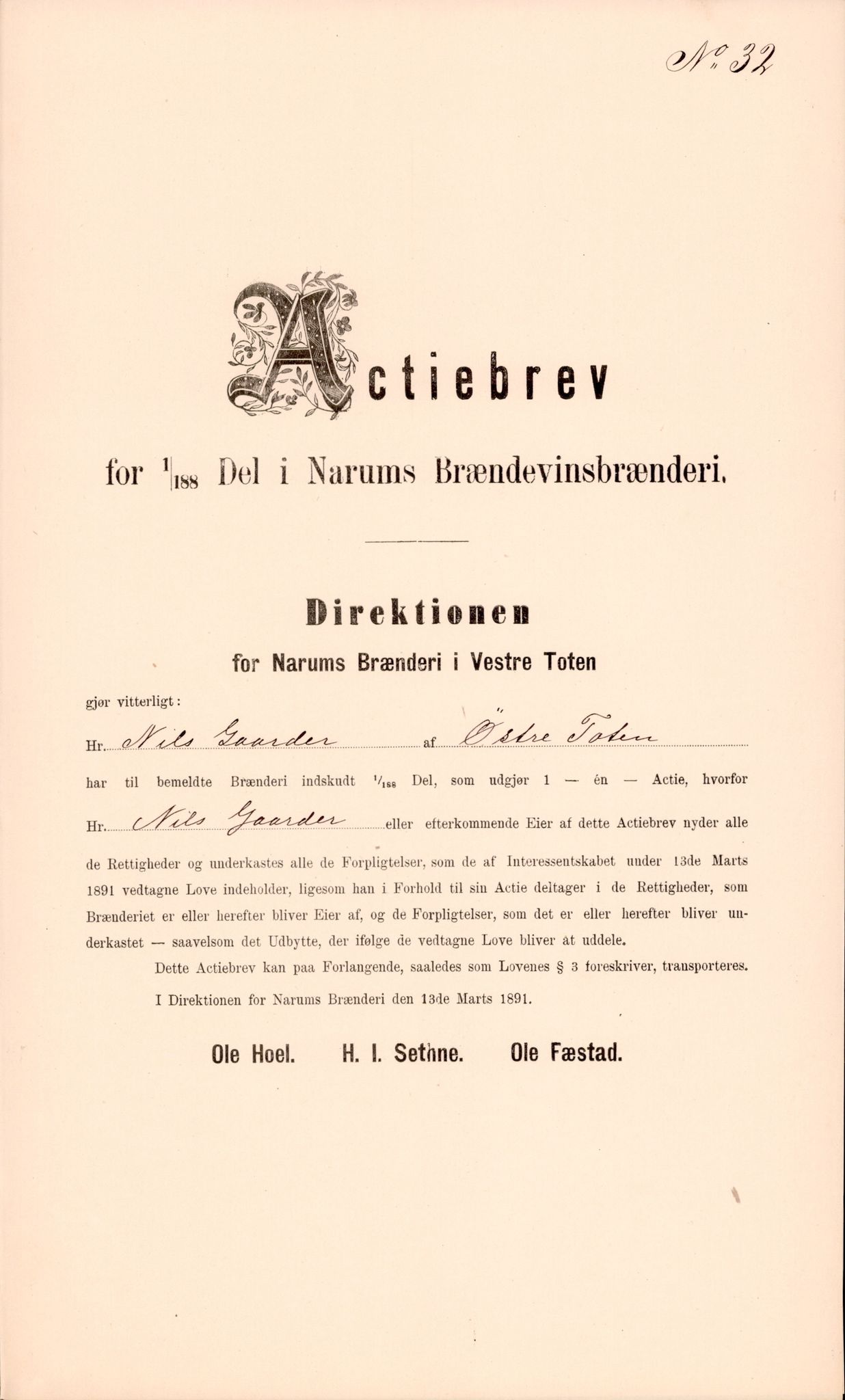 Narum Brenneri, OAMM/T-A-00012/F/0002 / Aksjebrever i Brenneriet for 1/188, 1891, 13 stk (6 blanke), 1891