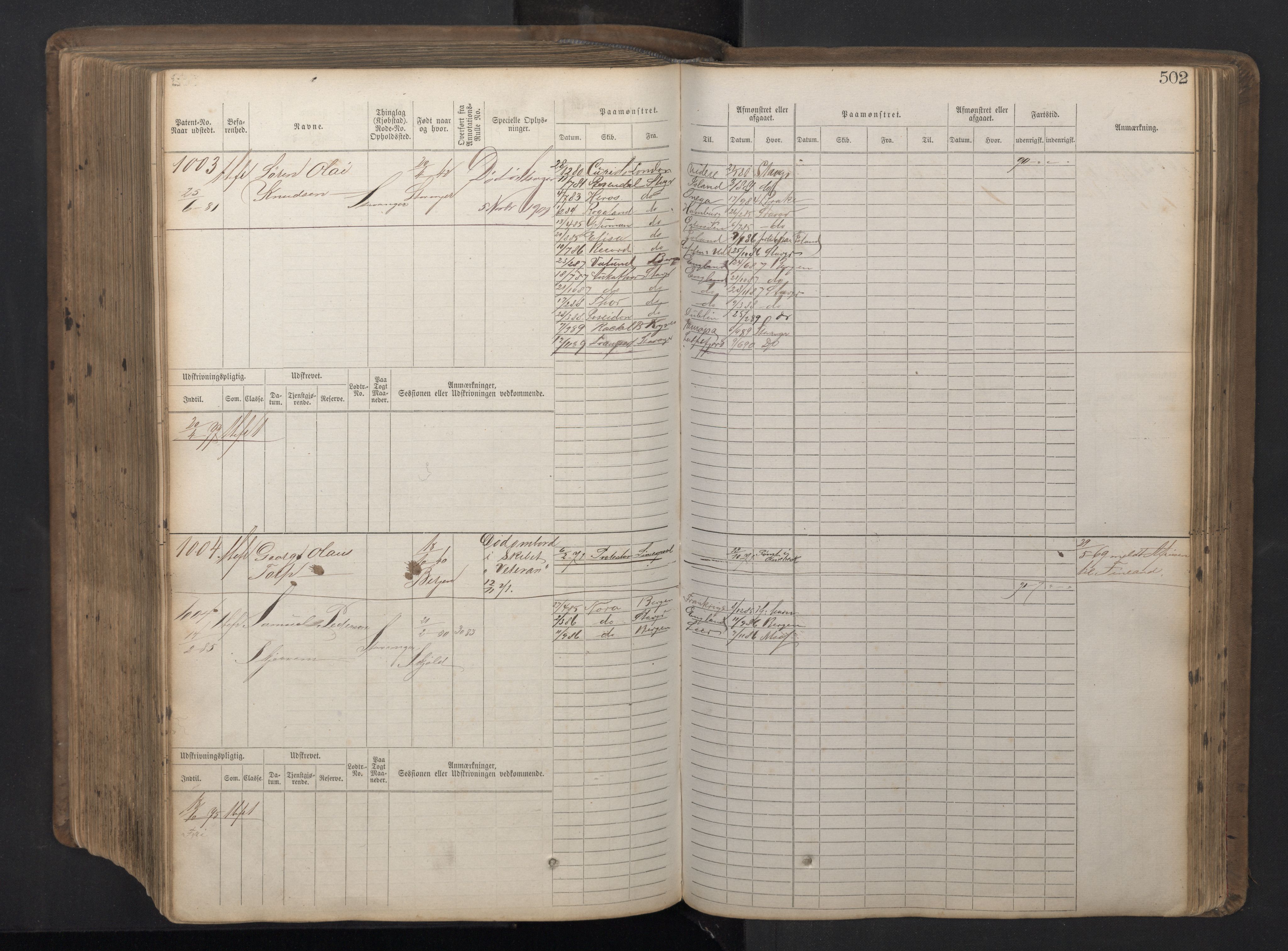 Stavanger sjømannskontor, AV/SAST-A-102006/F/Fb/Fbb/L0016: Sjøfartshovedrulle patnentnr. 1-1202 (dublett), 1869, s. 502