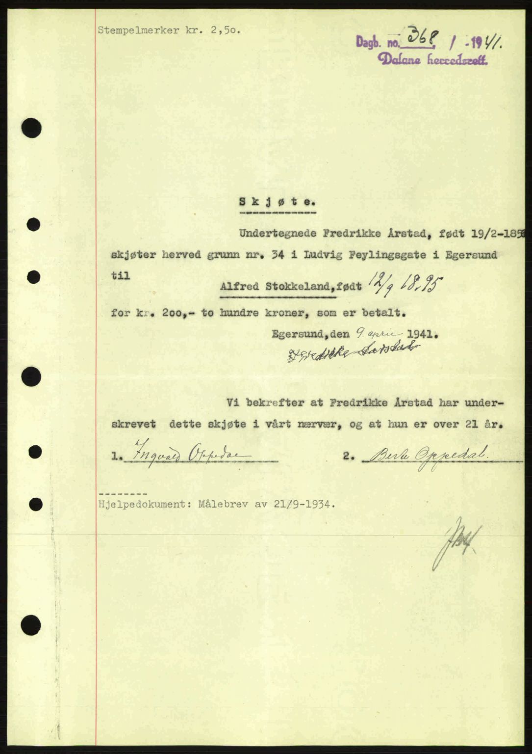 Dalane sorenskriveri, SAST/A-100309/02/G/Gb/L0044: Pantebok nr. A5, 1940-1941, Dagboknr: 368/1941