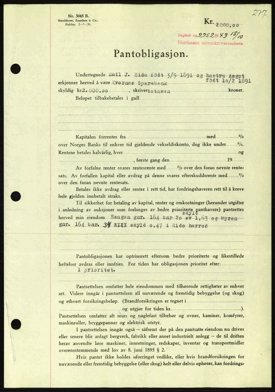 Nordmøre sorenskriveri, AV/SAT-A-4132/1/2/2Ca: Pantebok nr. B91, 1943-1944, Dagboknr: 2281/1943