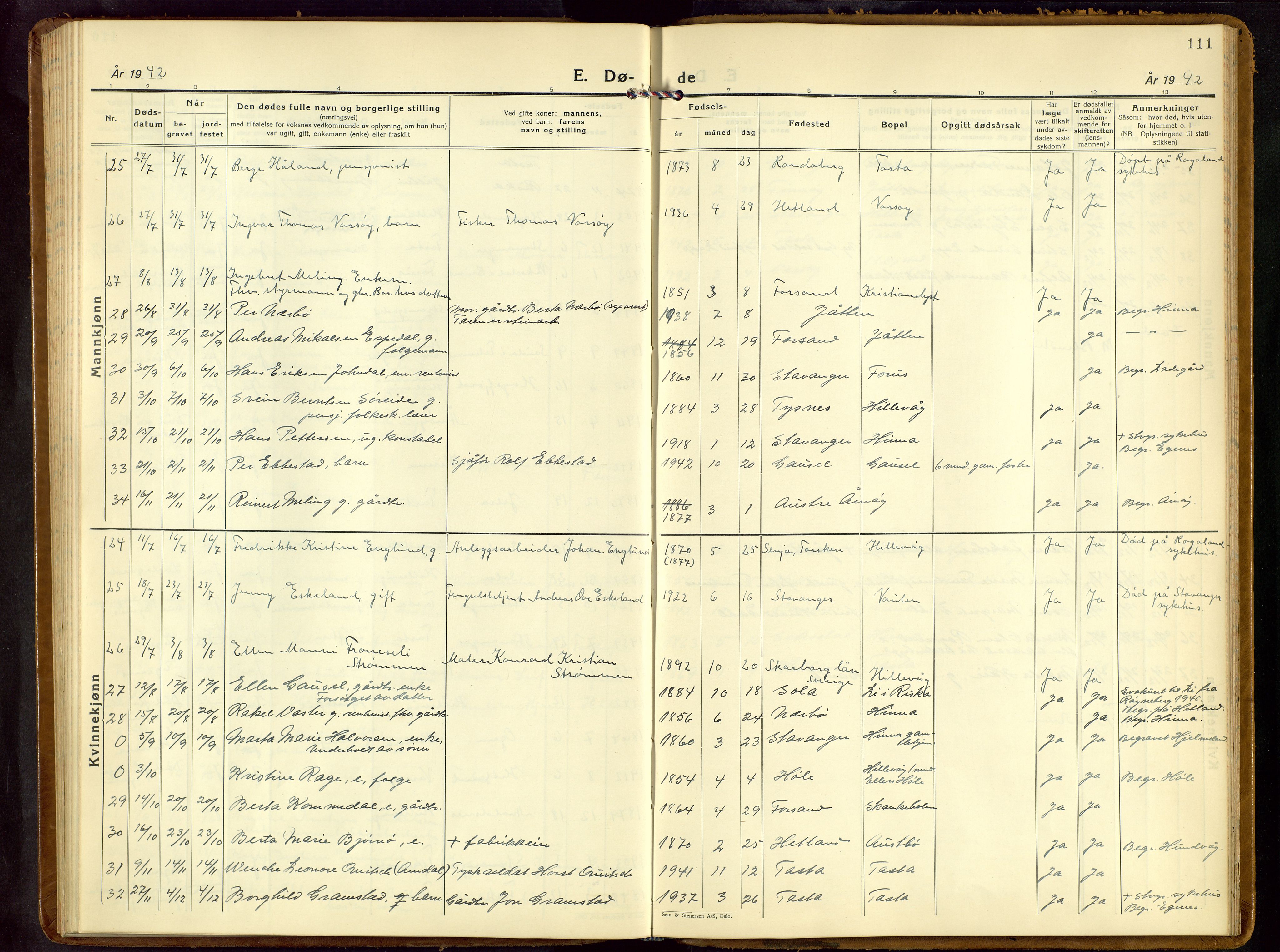 Hetland sokneprestkontor, SAST/A-101826/30/30BB/L0013: Klokkerbok nr. B 13, 1931-1952, s. 111