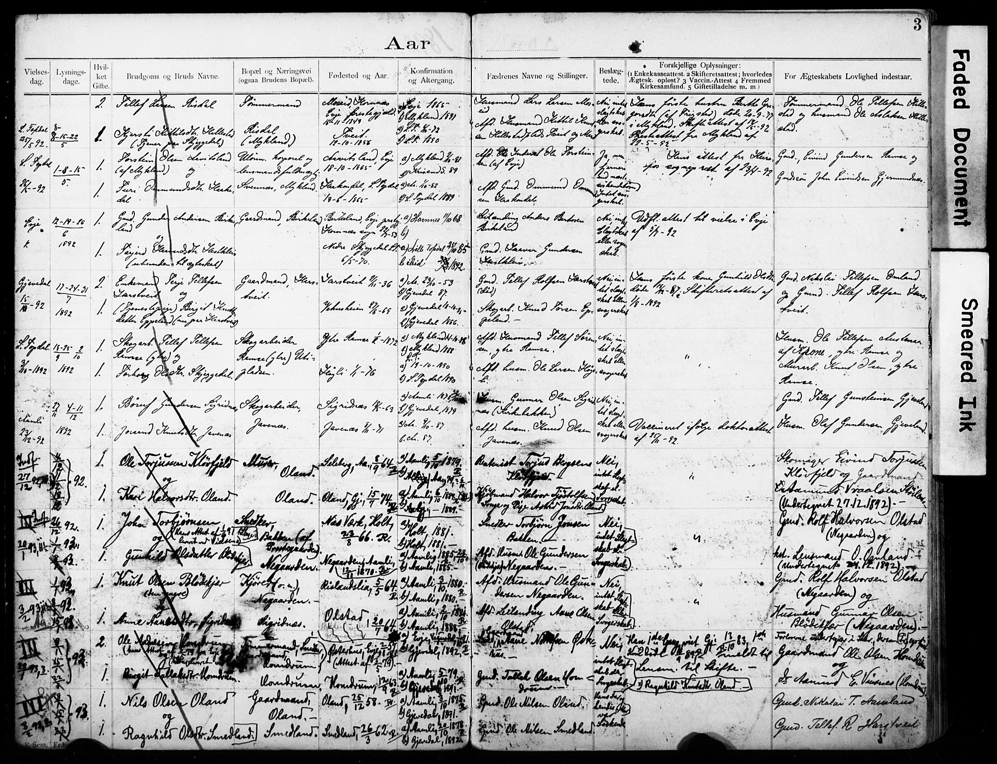 Åmli sokneprestkontor, AV/SAK-1111-0050/F/Fe/L0005: Lysningsprotokoll nr. A VI 42, 1892-1916, s. 3