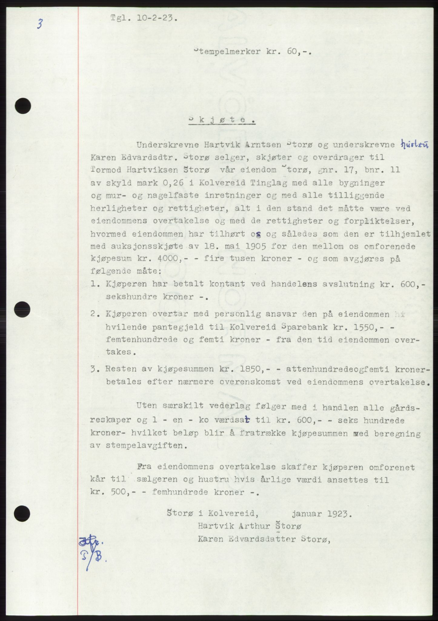 Namdal sorenskriveri, SAT/A-4133/1/2/2C: Pantebok nr. -, 1922-1925, Tingl.dato: 10.02.1923
