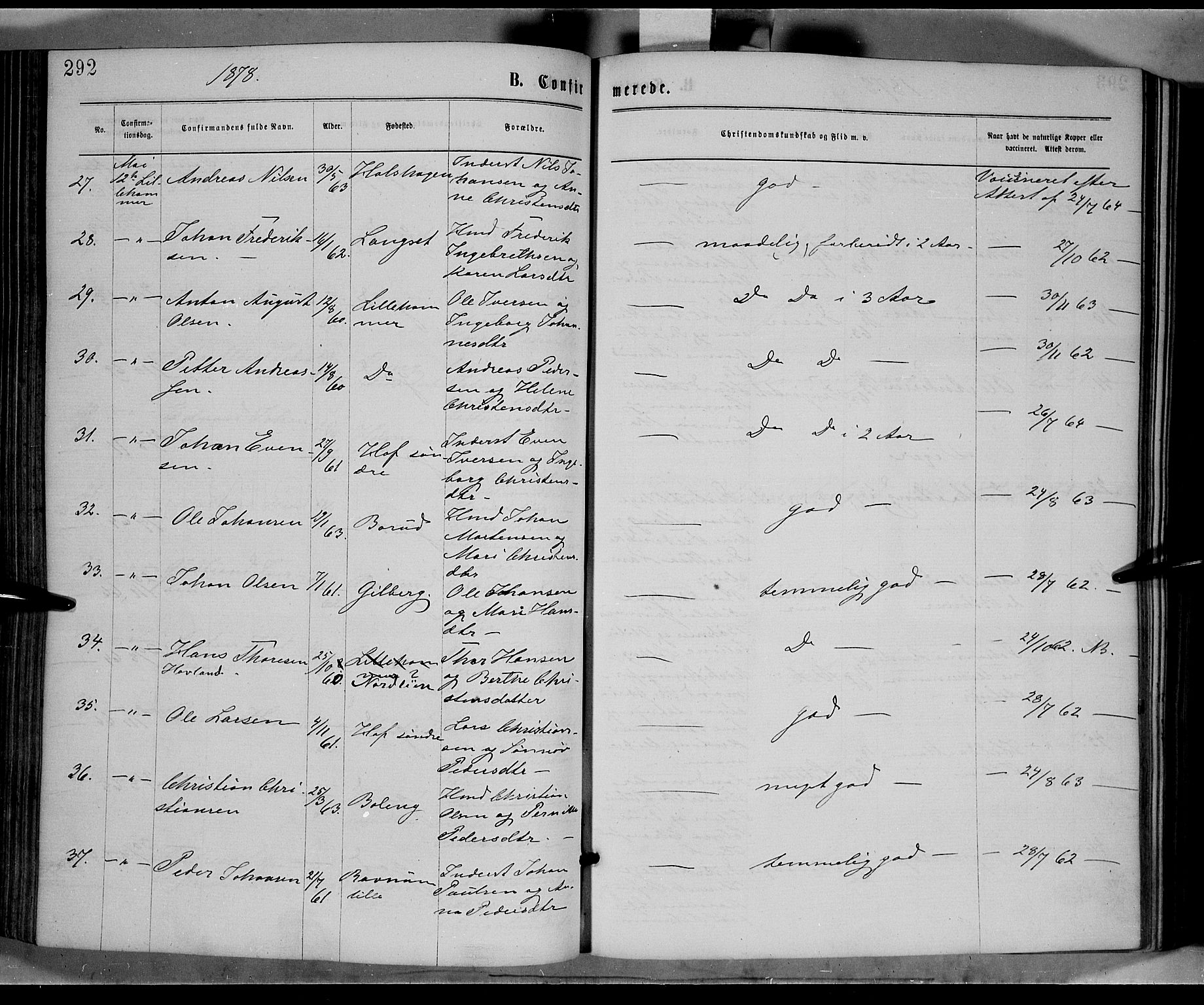 Fåberg prestekontor, AV/SAH-PREST-086/H/Ha/Haa/L0007: Ministerialbok nr. 7, 1868-1878, s. 292