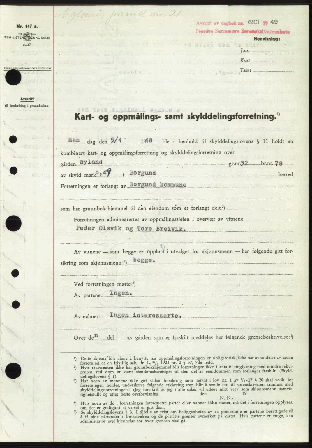 Nordre Sunnmøre sorenskriveri, SAT/A-0006/1/2/2C/2Ca: Pantebok nr. A30, 1949-1949, Dagboknr: 693/1949