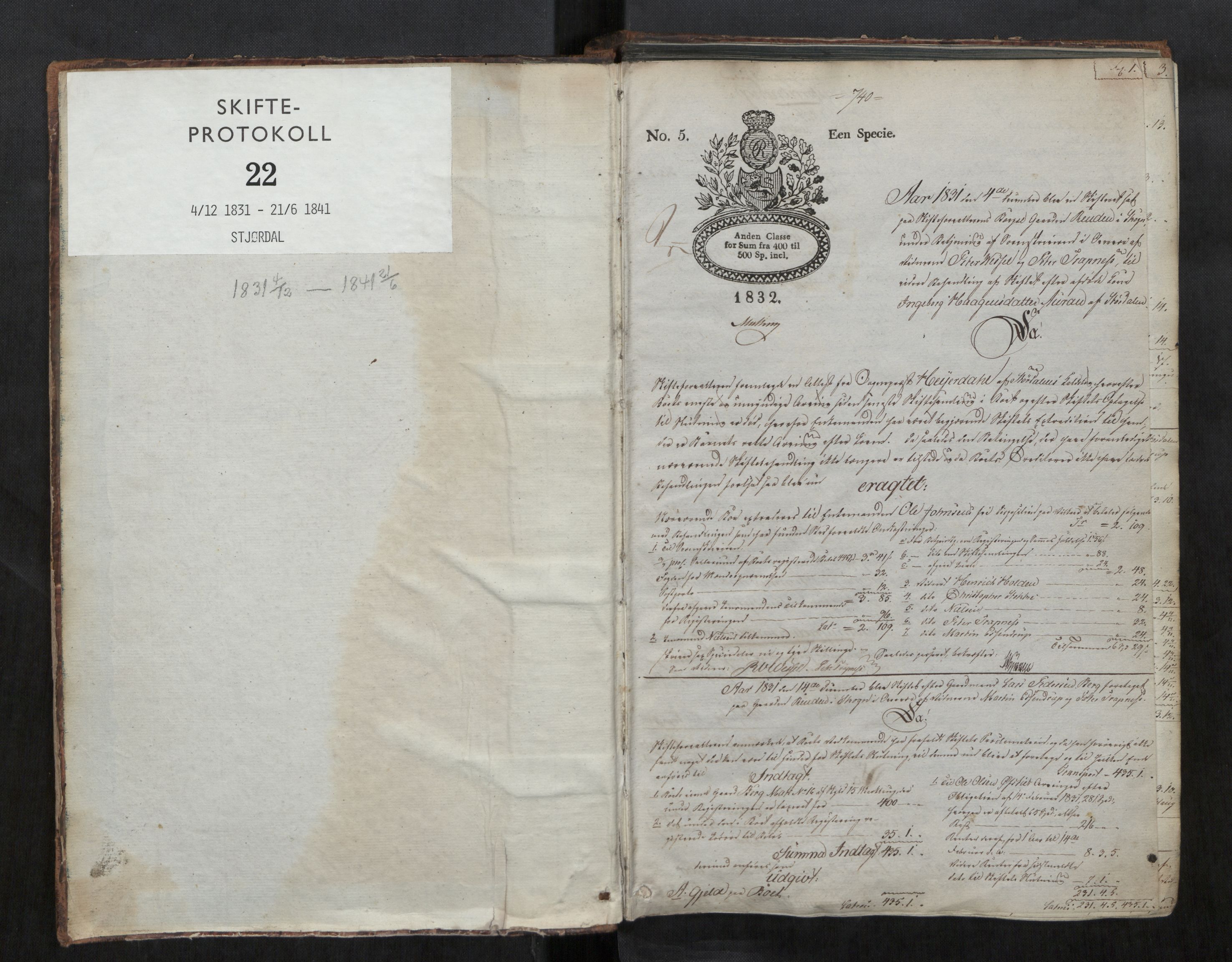 Stjør- og Verdal sorenskriveri, AV/SAT-A-4167/1/3/3A/L0027: Skifteprotokoll 22, 1831-1841, s. 1