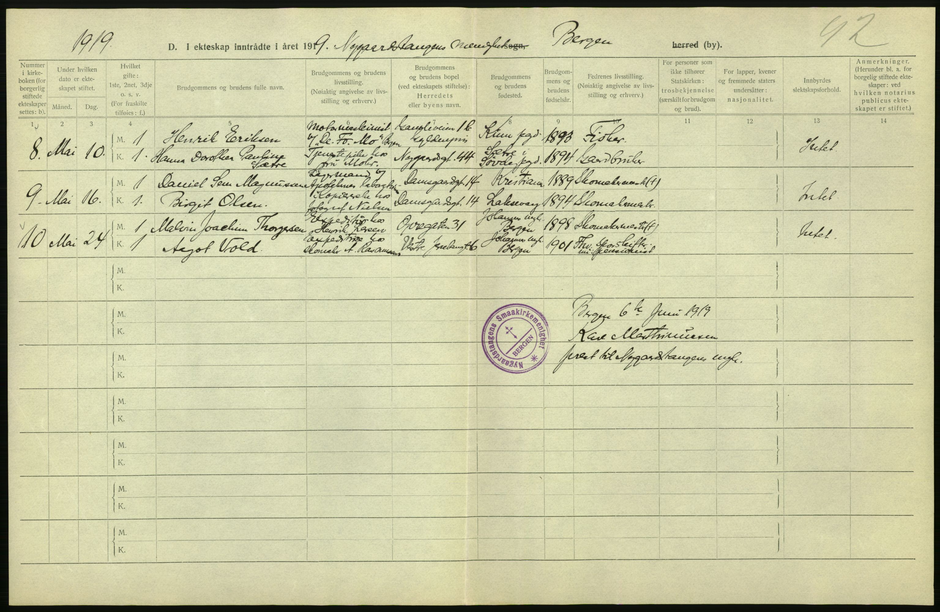 Statistisk sentralbyrå, Sosiodemografiske emner, Befolkning, AV/RA-S-2228/D/Df/Dfb/Dfbi/L0035: Bergen: Gifte, døde, dødfødte., 1919, s. 10
