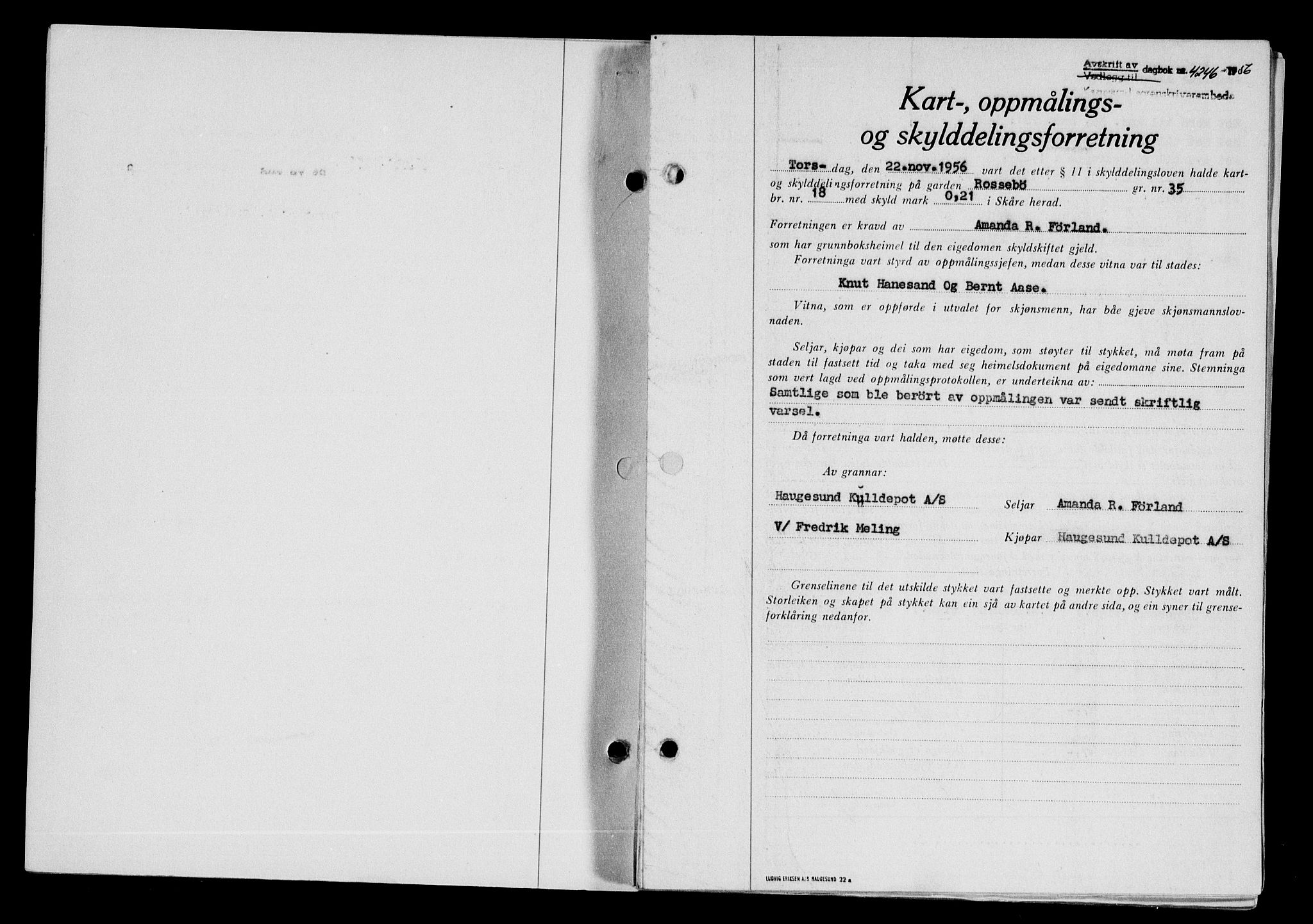 Karmsund sorenskriveri, SAST/A-100311/01/II/IIB/L0122: Pantebok nr. 102A, 1956-1956, Dagboknr: 4246/1956