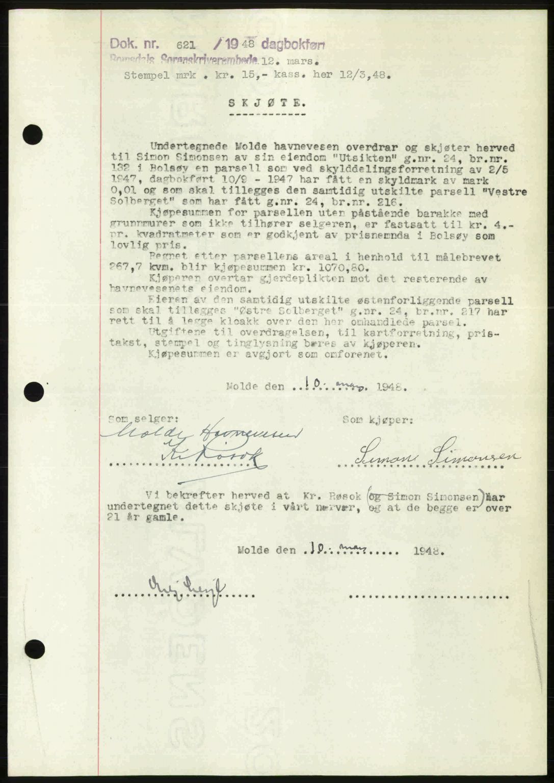 Romsdal sorenskriveri, SAT/A-4149/1/2/2C: Pantebok nr. A25, 1948-1948, Dagboknr: 621/1948