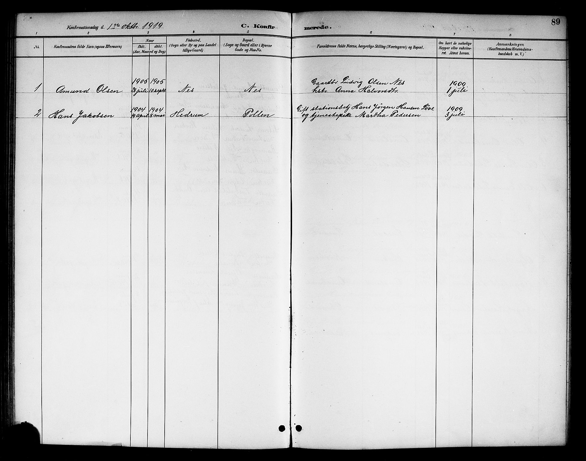Brunlanes kirkebøker, AV/SAKO-A-342/G/Gc/L0002: Klokkerbok nr. III 2, 1891-1922, s. 89