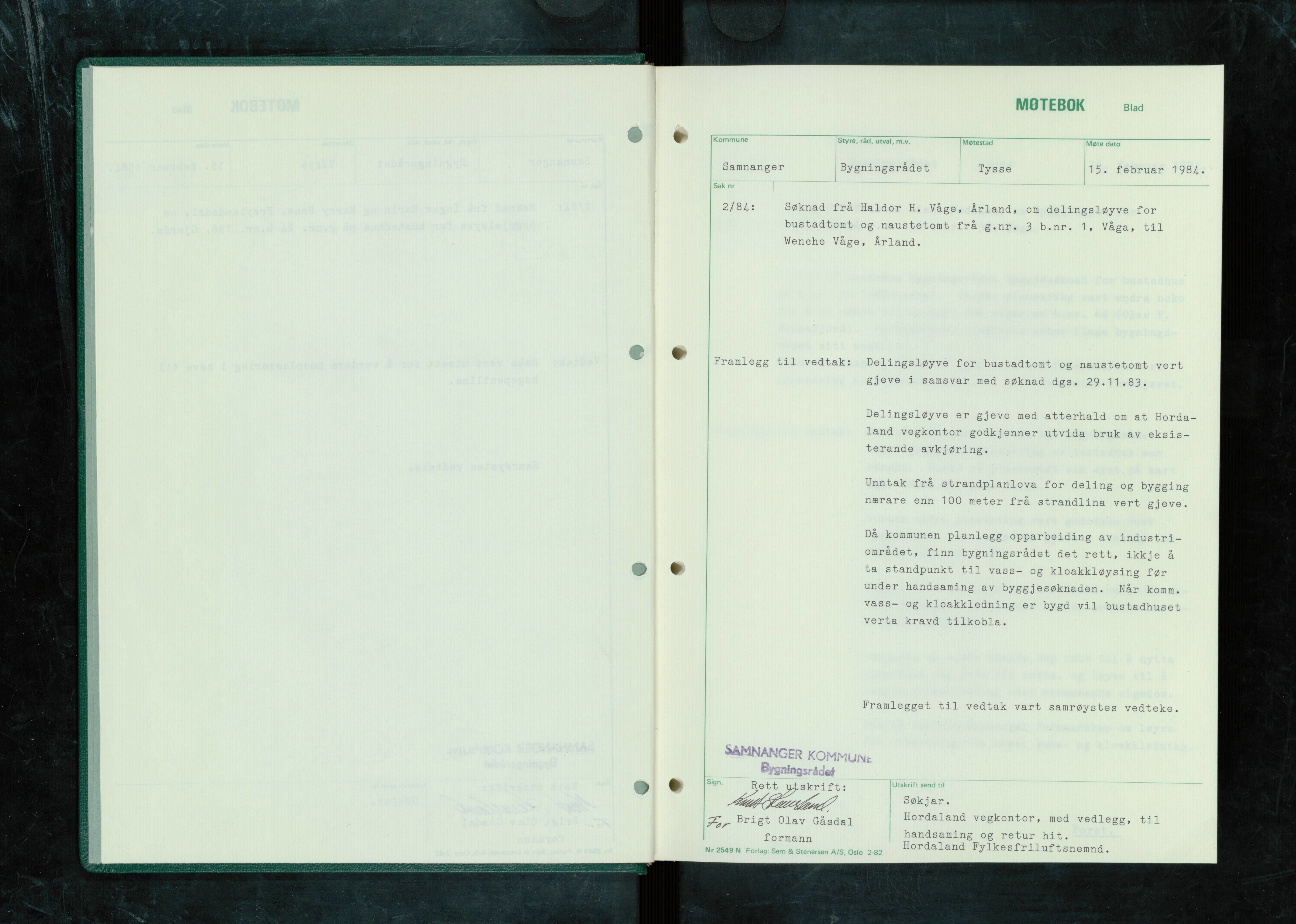 Samnanger kommune. Bygningsrådet, IKAH/1242-511/A/Aa/L0008: Møtebok for Samnanger bygningsråd, 1984-1985