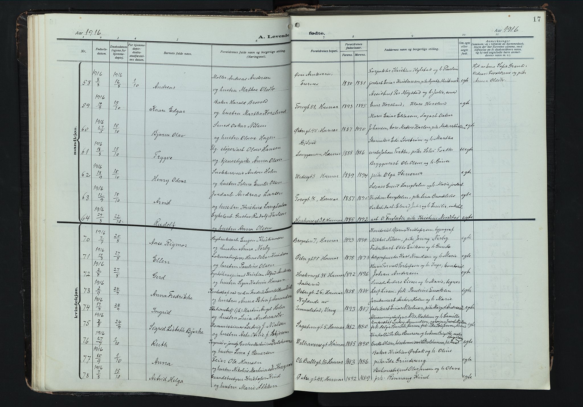 Hamar prestekontor, AV/SAH-DOMPH-002/H/Ha/Hab/L0004: Klokkerbok nr. 4, 1915-1942, s. 17