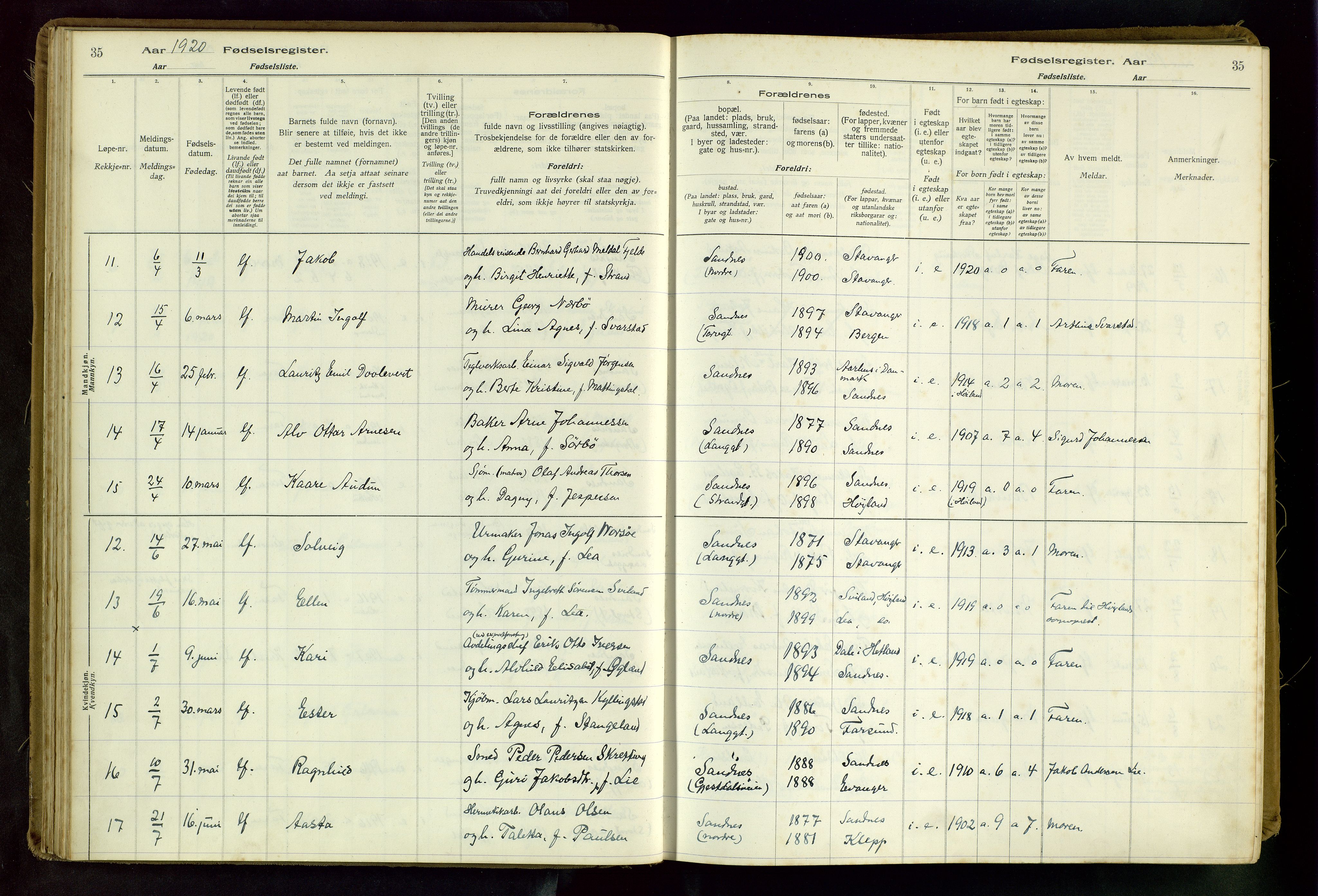 Sandnes sokneprestkontor, SAST/A-101800/704BA/L0001: Fødselsregister nr. 1, 1916-1942, s. 35