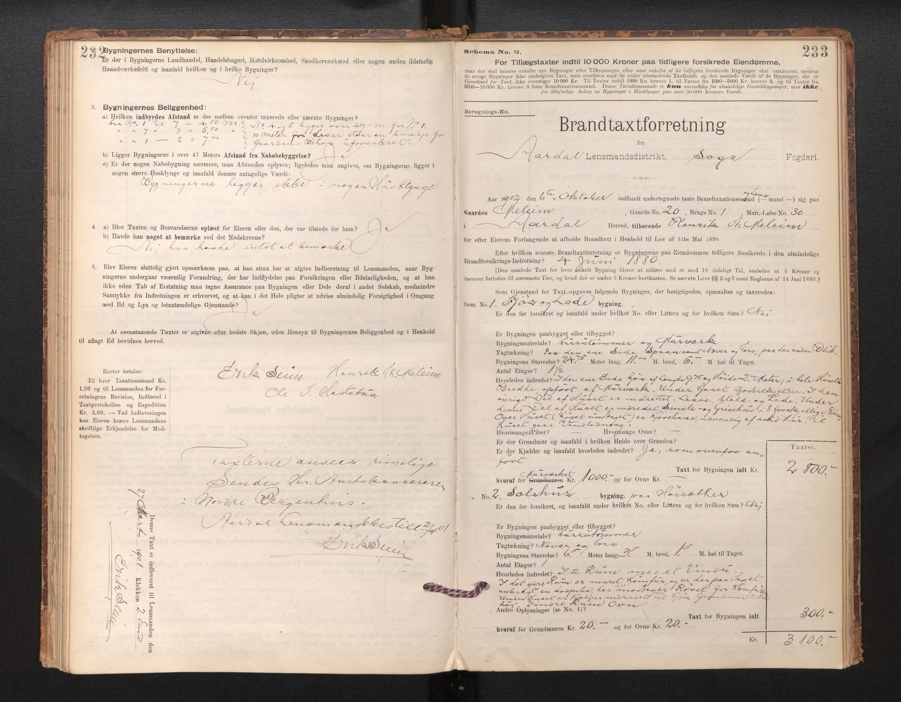 Lensmannen i Årdal, SAB/A-30501/0012/L0008: Branntakstprotokoll, skjematakst, 1895-1915, s. 232-233