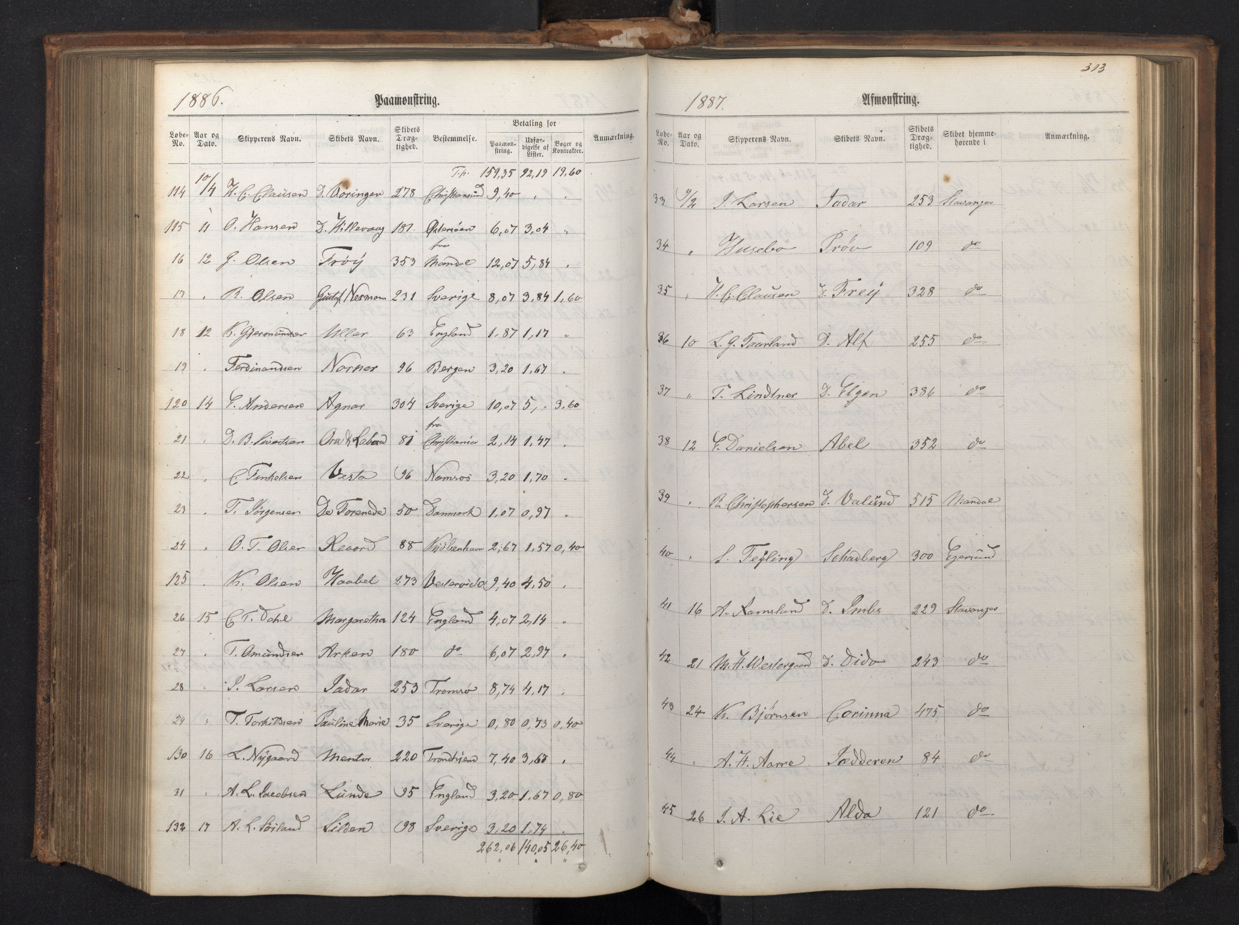 Stavanger sjømannskontor, AV/SAST-A-102006/G/Ga/L0003: Mønstringsjournal, 1876-1892, s. 315
