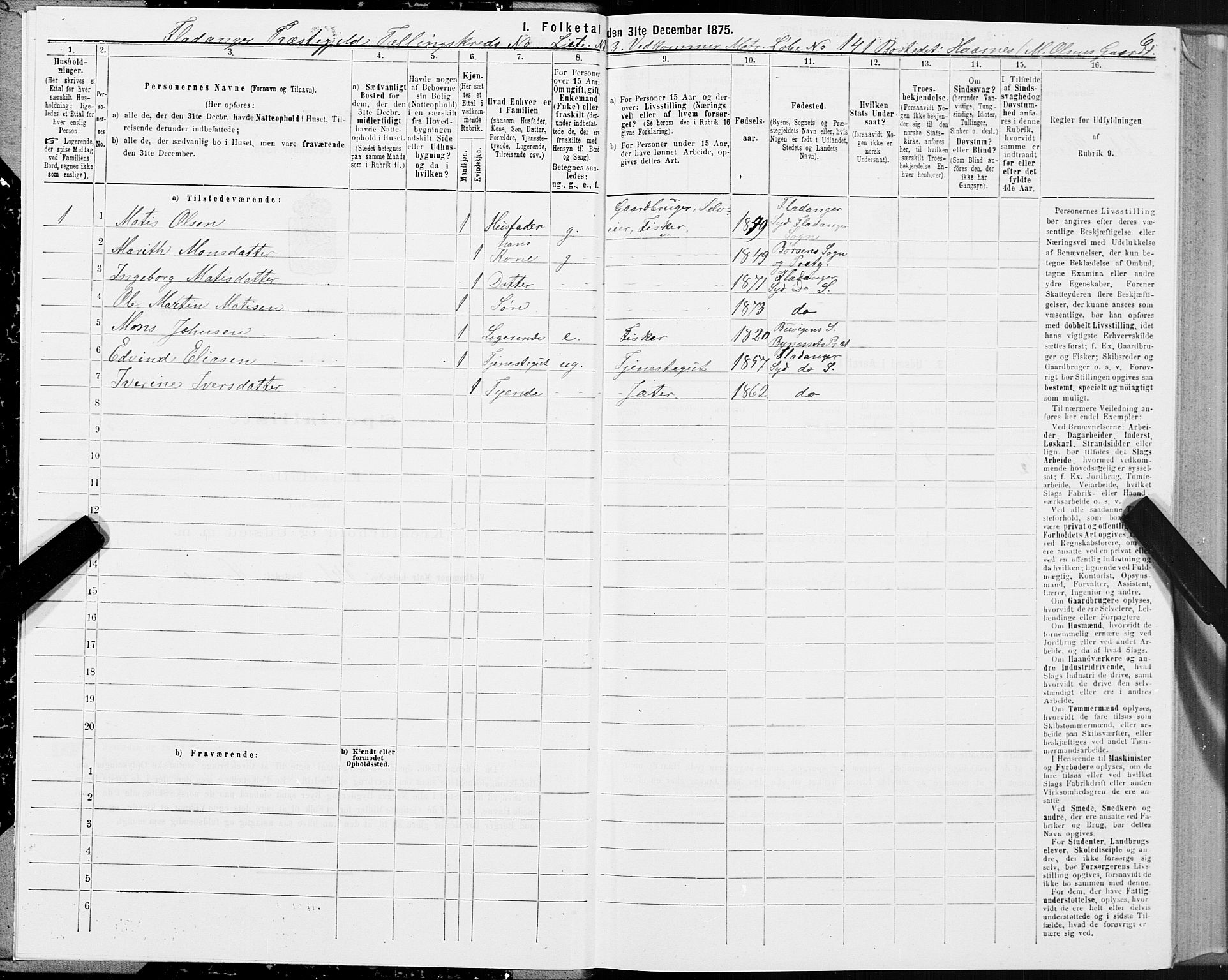 SAT, Folketelling 1875 for 1749P Flatanger prestegjeld, 1875, s. 1006