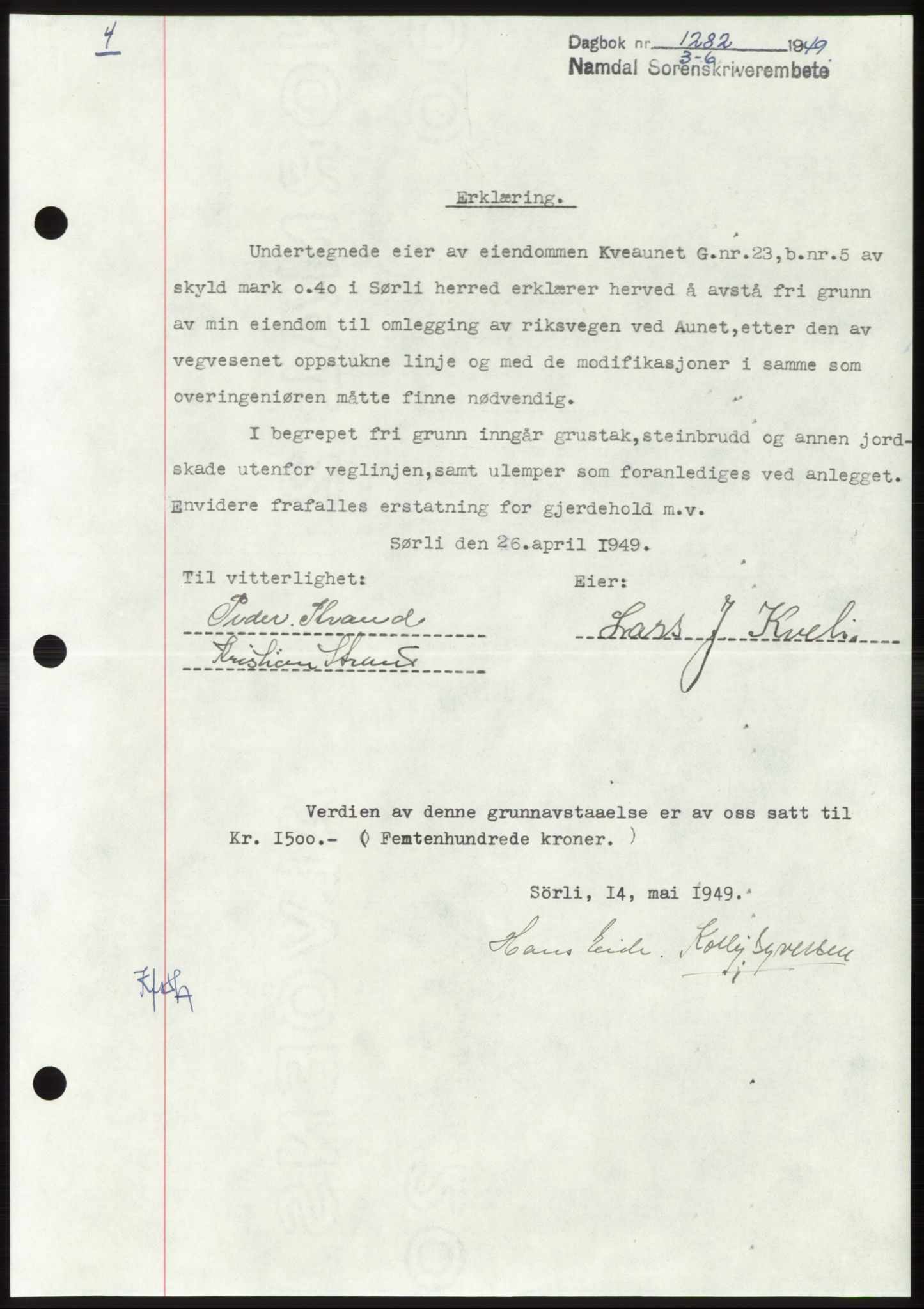 Namdal sorenskriveri, SAT/A-4133/1/2/2C: Pantebok nr. -, 1949-1949, Dagboknr: 1282/1949