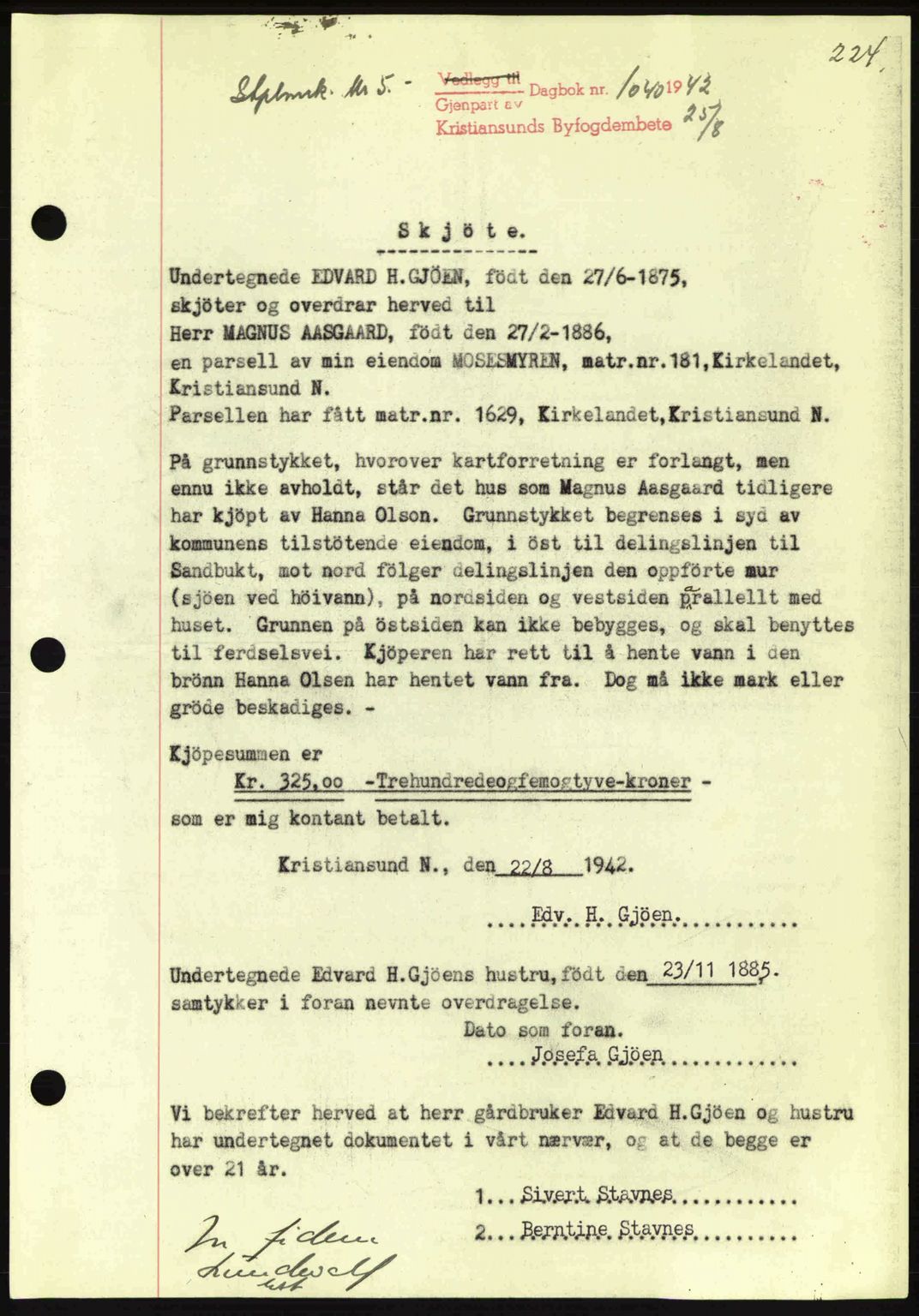 Kristiansund byfogd, AV/SAT-A-4587/A/27: Pantebok nr. 34, 1941-1945, Dagboknr: 1040/1942