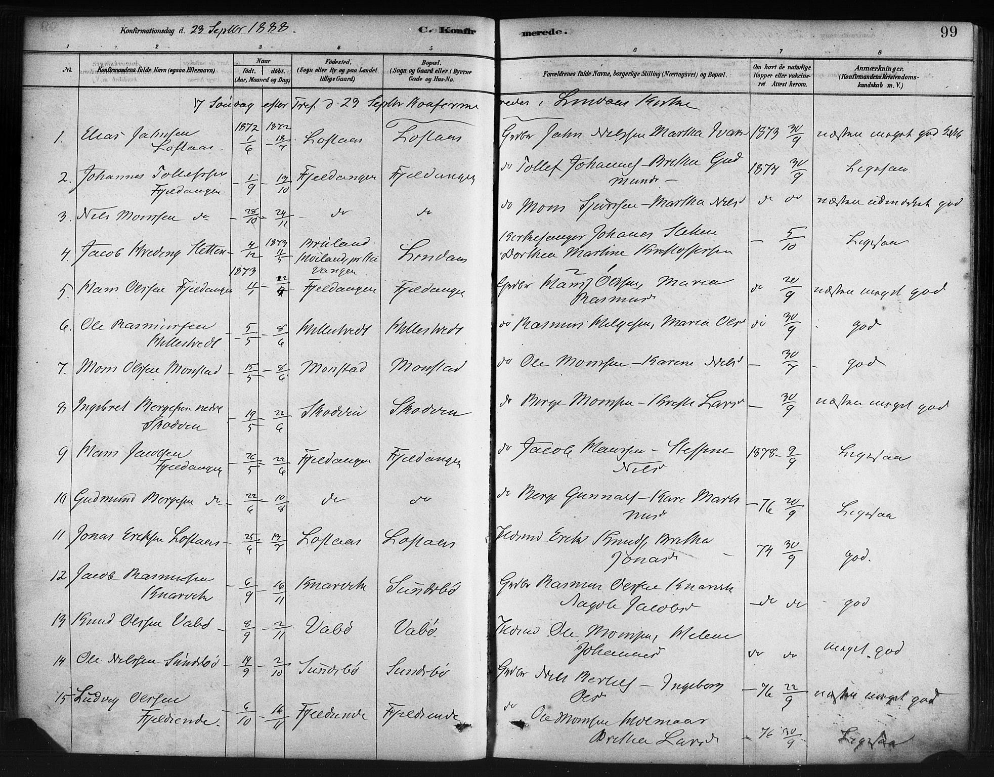 Lindås Sokneprestembete, AV/SAB-A-76701/H/Haa/Haaa/L0019: Ministerialbok nr. A 19, 1878-1912, s. 99