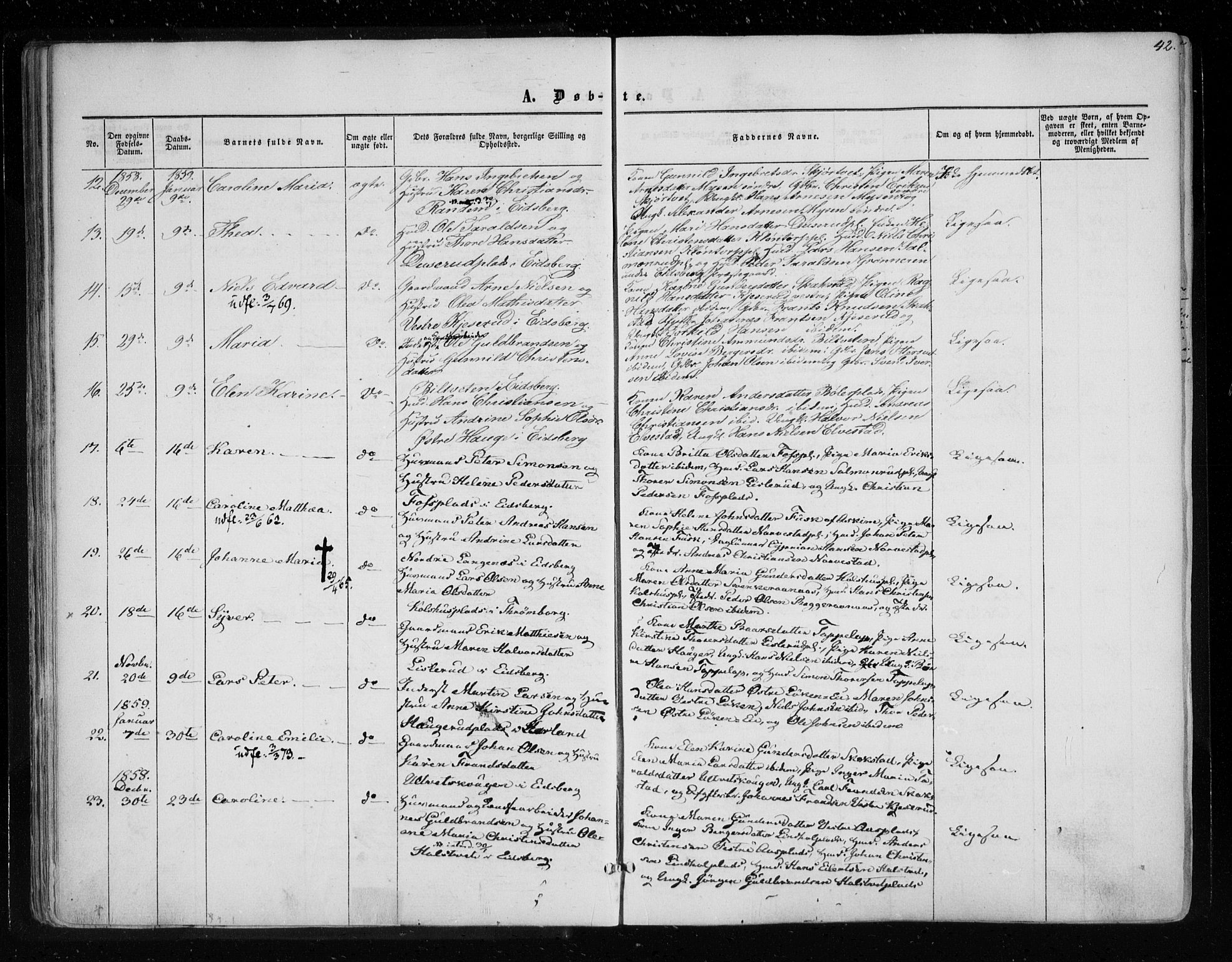 Eidsberg prestekontor Kirkebøker, AV/SAO-A-10905/F/Fa/L0010.a: Ministerialbok nr. I 10A, 1857-1866, s. 42