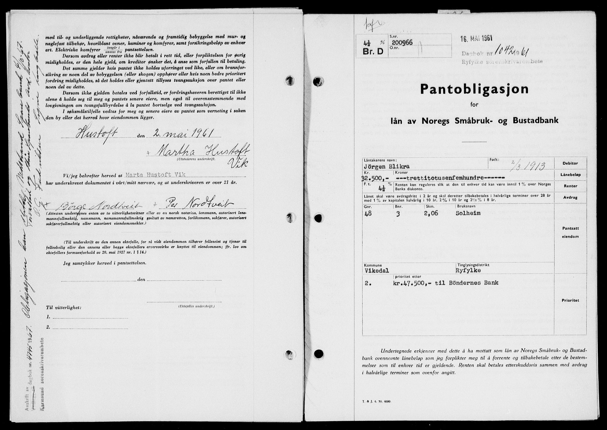 Ryfylke tingrett, SAST/A-100055/001/II/IIB: Pantebok nr. 135-142, 1961-1962, Dagboknr: 1042/1961