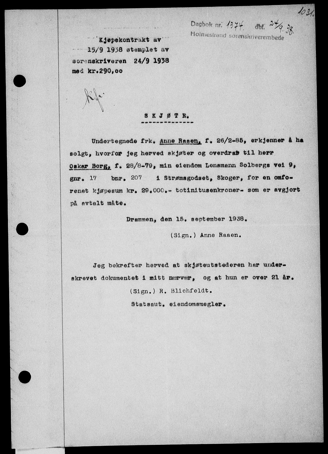 Holmestrand sorenskriveri, SAKO/A-67/G/Ga/Gaa/L0049: Pantebok nr. A-49, 1937-1938, Dagboknr: 1374/1938