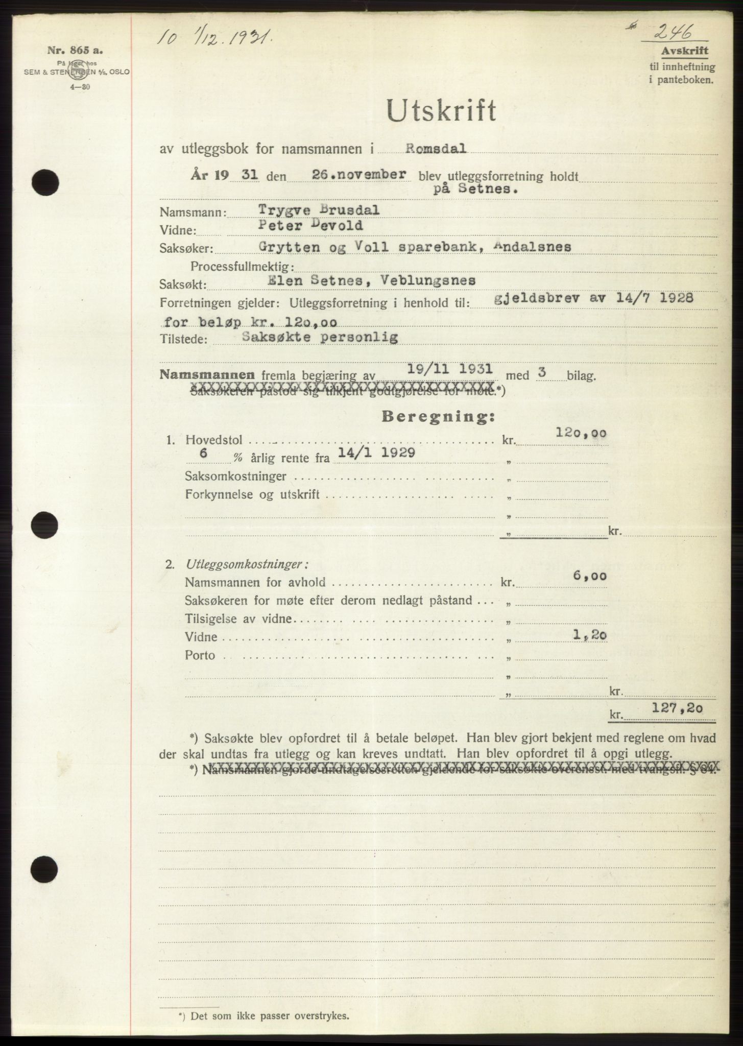 Romsdal sorenskriveri, AV/SAT-A-4149/1/2/2C/L0060: Pantebok nr. 54, 1931-1932, Tingl.dato: 01.12.1931