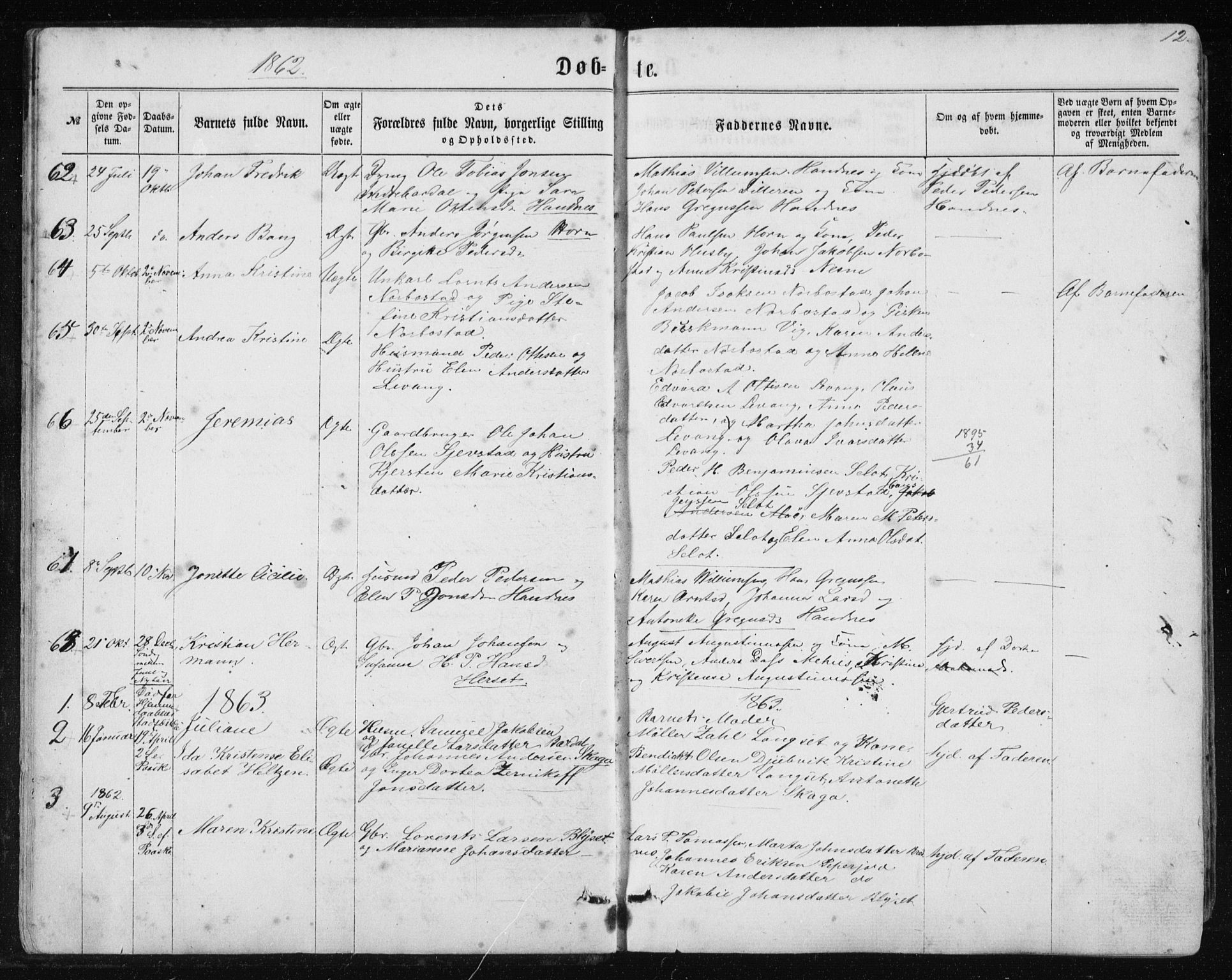 Ministerialprotokoller, klokkerbøker og fødselsregistre - Nordland, AV/SAT-A-1459/838/L0556: Klokkerbok nr. 838C03, 1861-1893, s. 12