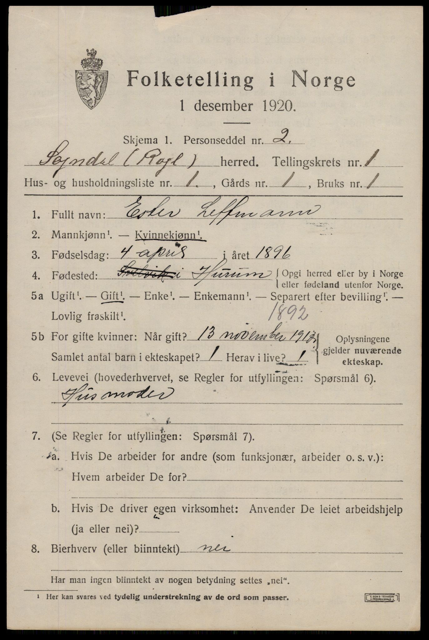 SAST, Folketelling 1920 for 1111 Sokndal herred, 1920, s. 1035