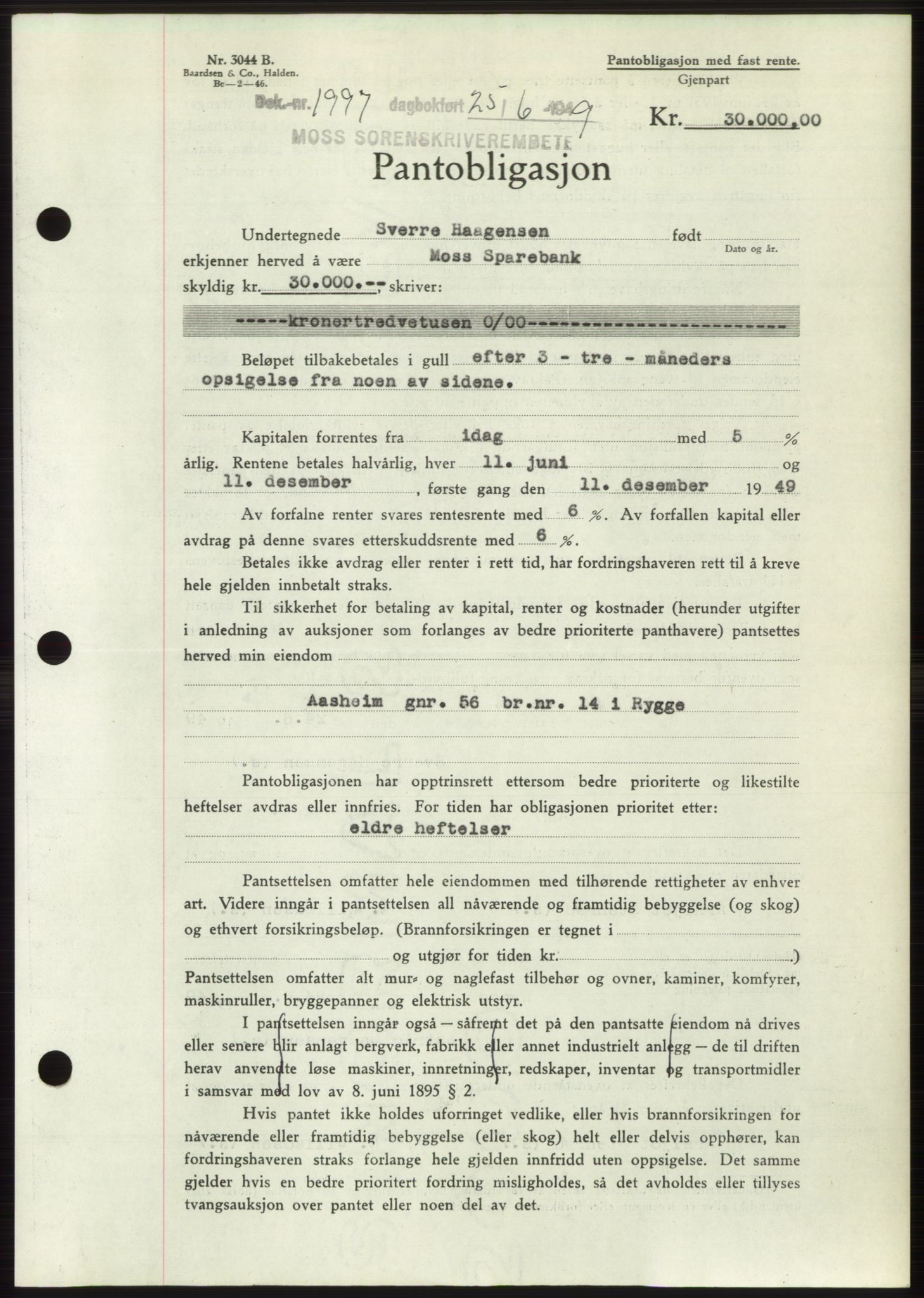 Moss sorenskriveri, SAO/A-10168: Pantebok nr. B22, 1949-1949, Dagboknr: 1997/1949