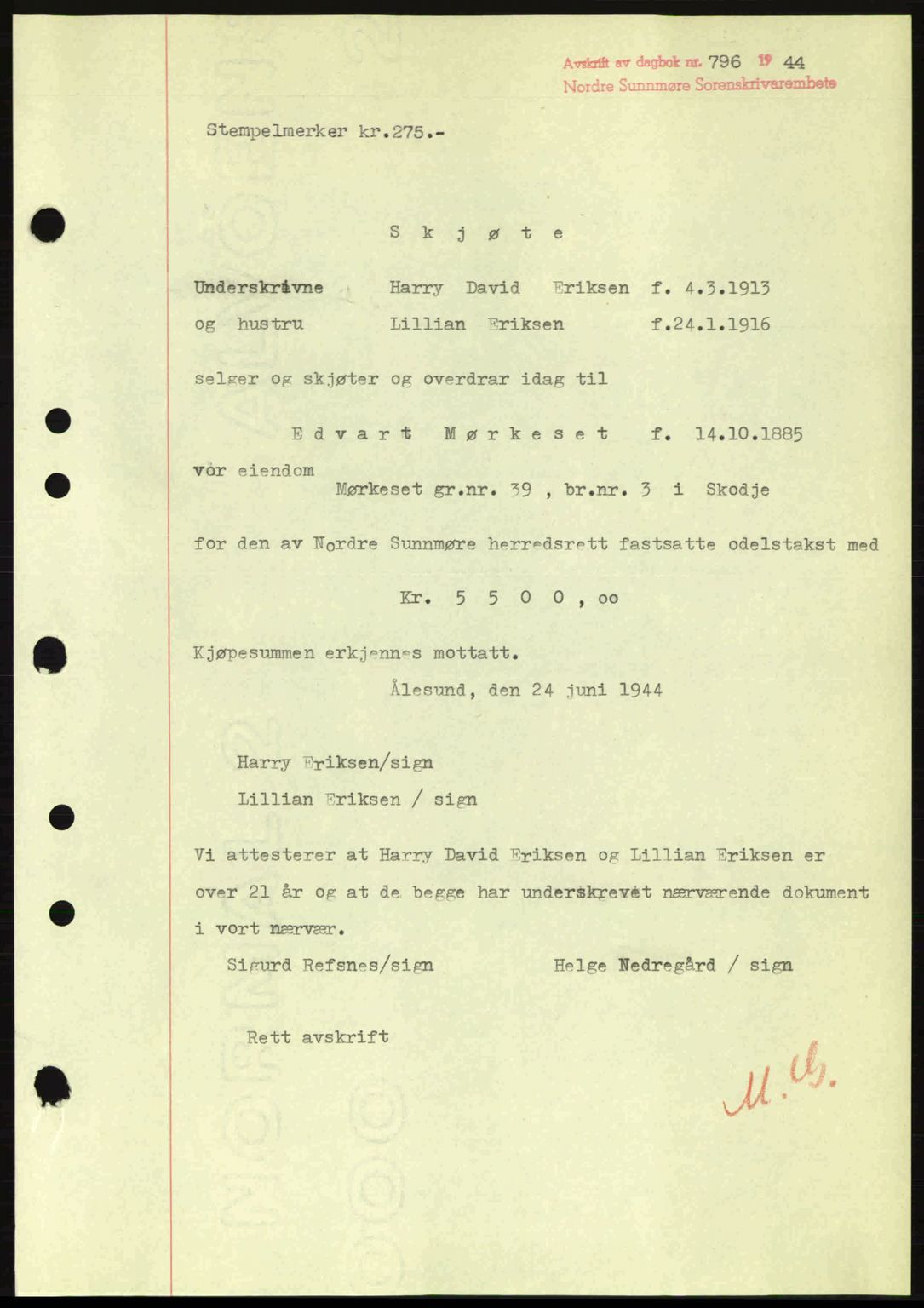 Nordre Sunnmøre sorenskriveri, SAT/A-0006/1/2/2C/2Ca: Pantebok nr. A18, 1944-1944, Dagboknr: 796/1944