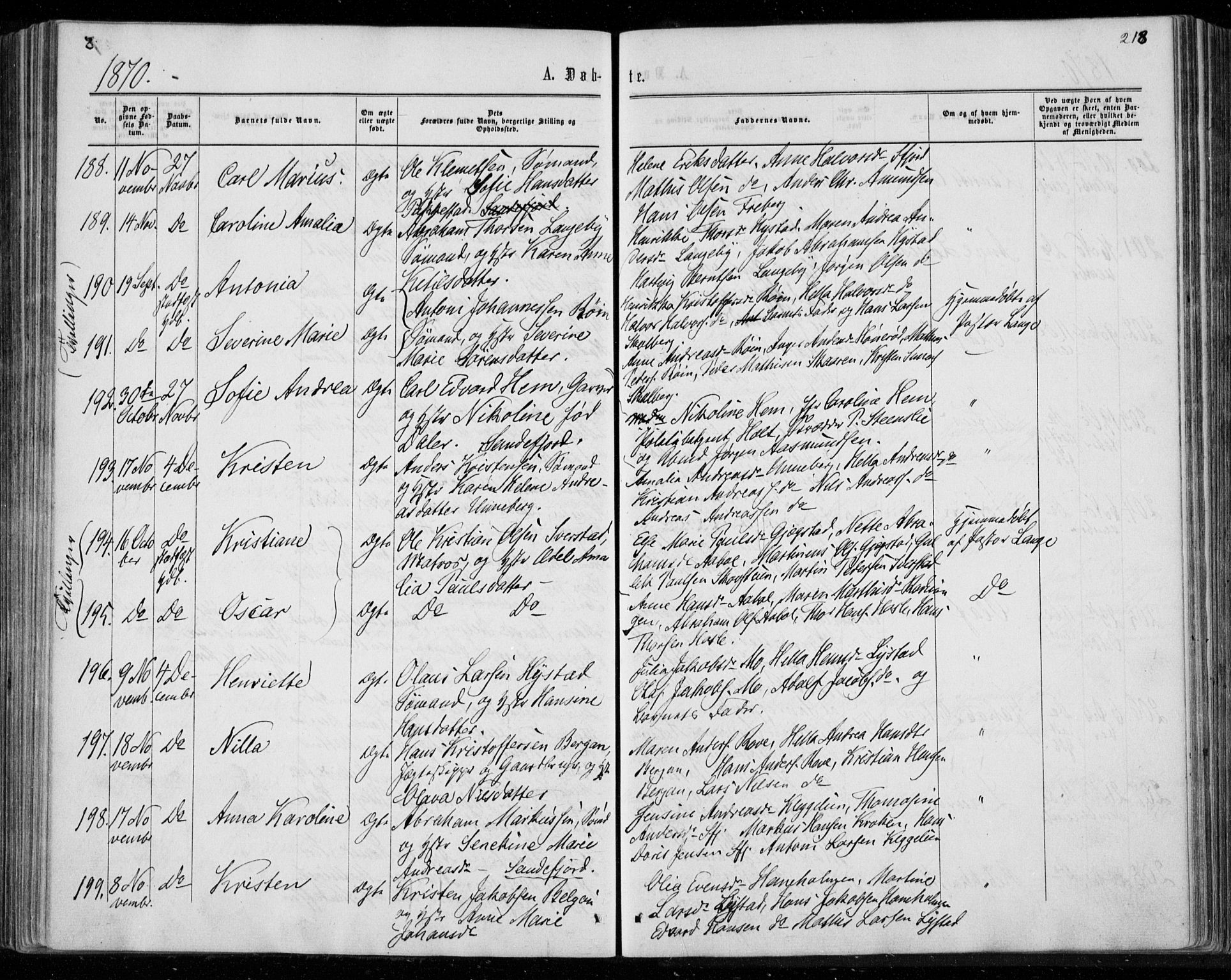 Sandar kirkebøker, AV/SAKO-A-243/F/Fa/L0008: Ministerialbok nr. 8, 1862-1871, s. 218