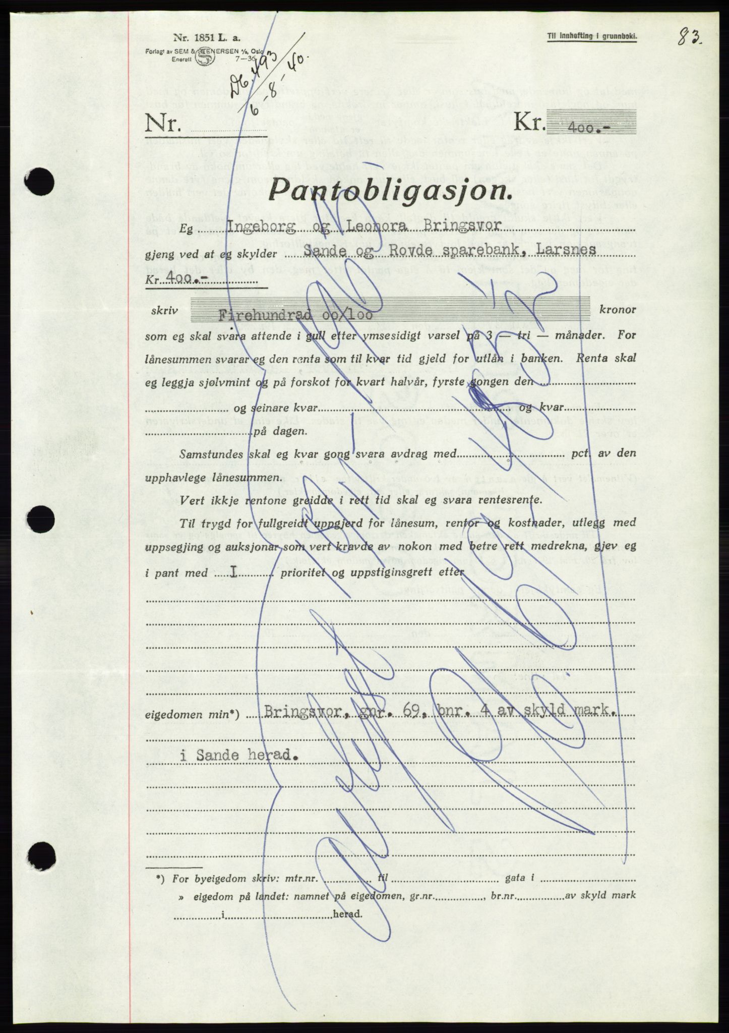 Søre Sunnmøre sorenskriveri, SAT/A-4122/1/2/2C/L0070: Pantebok nr. 64, 1940-1941, Dagboknr: 493/1940