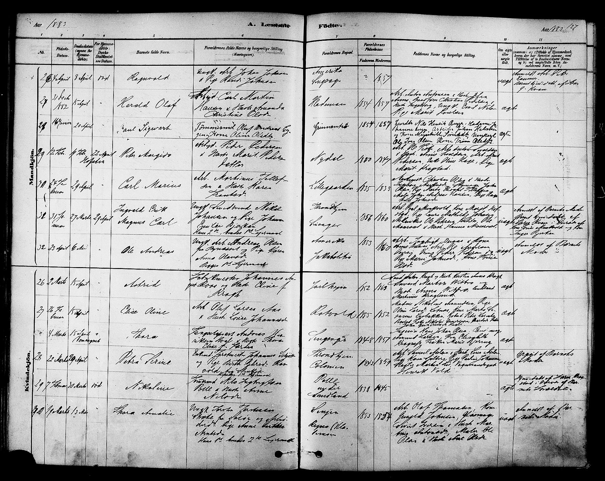 Ministerialprotokoller, klokkerbøker og fødselsregistre - Sør-Trøndelag, SAT/A-1456/606/L0294: Ministerialbok nr. 606A09, 1878-1886, s. 127