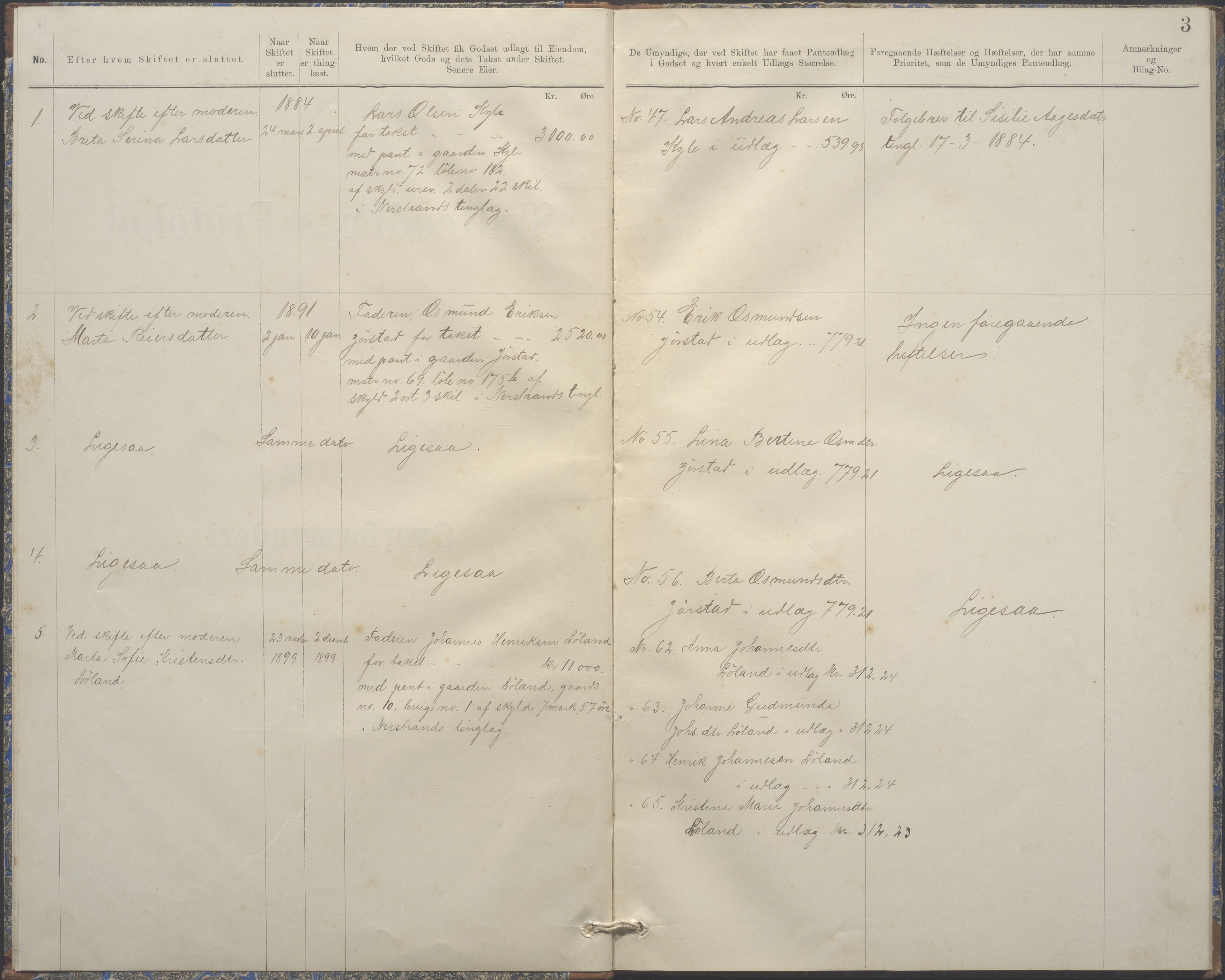Sjernarøy kommune. Overformynderiet, BYST/A-0910/G/L0001: Skifteutleggsprotokoll, 1884-1899