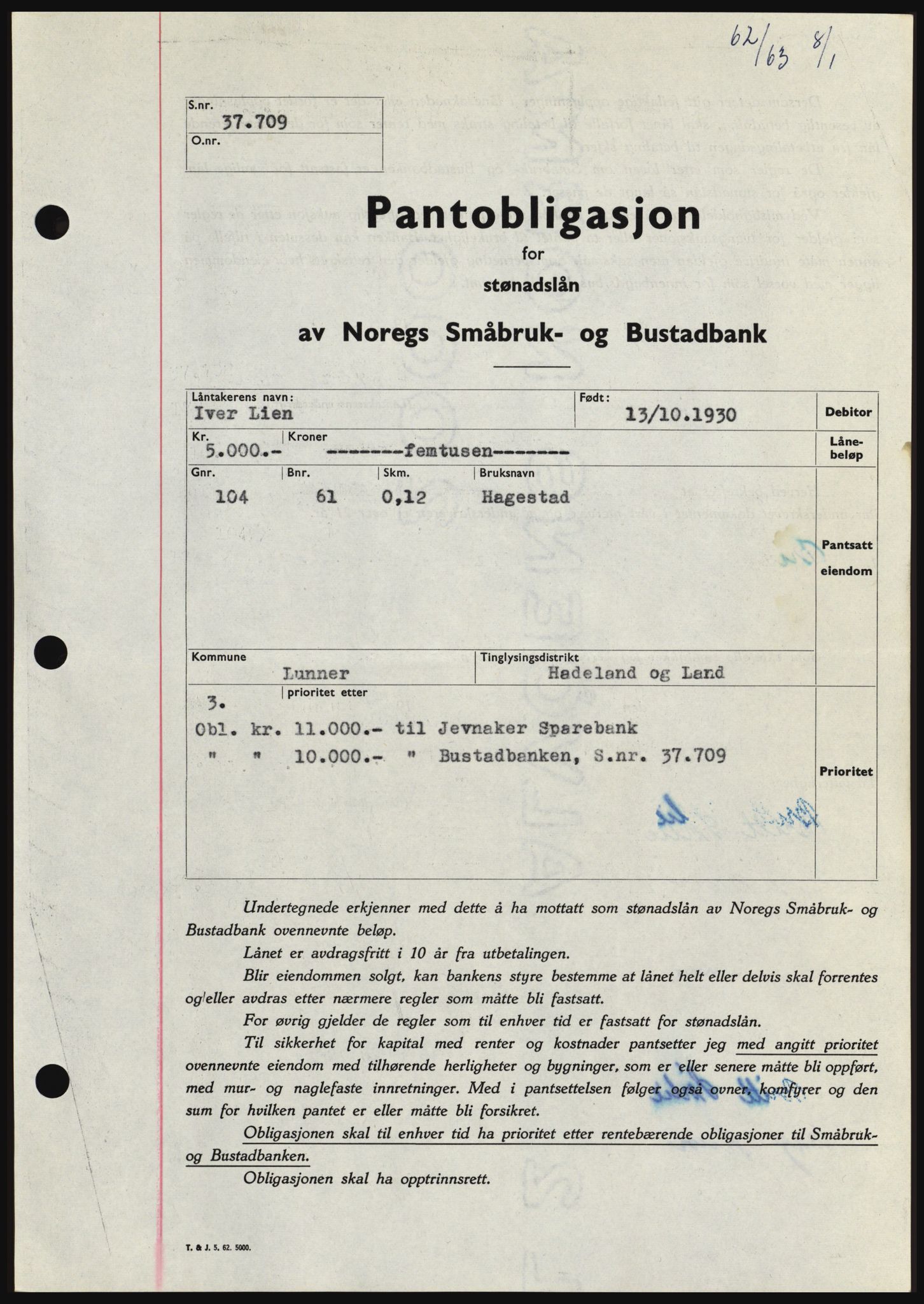 Hadeland og Land tingrett, SAH/TING-010/H/Hb/Hbc/L0050: Pantebok nr. B50, 1962-1963, Dagboknr: 62/1963