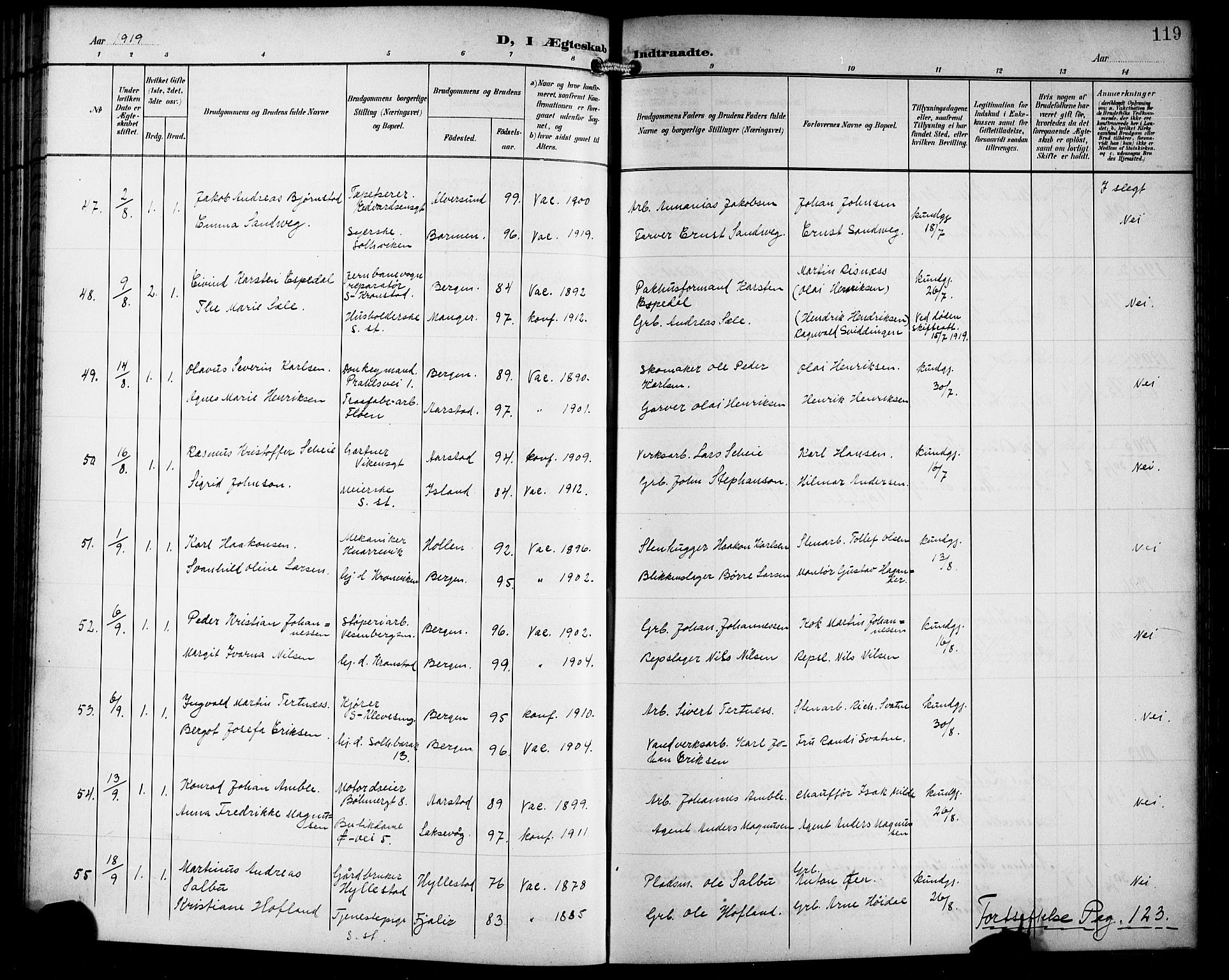 Årstad Sokneprestembete, AV/SAB-A-79301/H/Hab/L0018: Klokkerbok nr. C 1, 1902-1919, s. 119