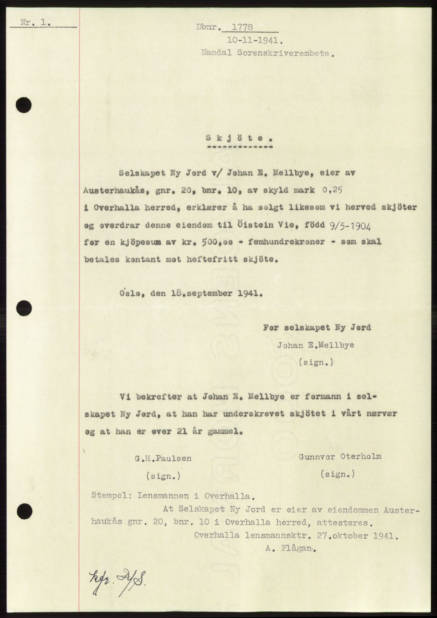 Namdal sorenskriveri, SAT/A-4133/1/2/2C: Pantebok nr. -, 1941-1942, Dagboknr: 1778/1941