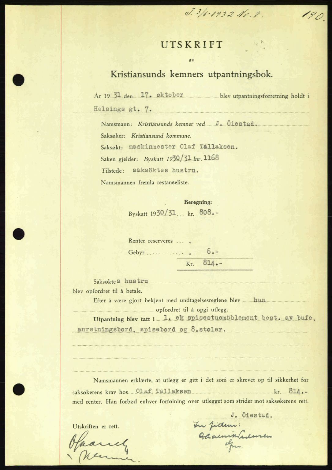 Kristiansund byfogd, AV/SAT-A-4587/A/27: Pantebok nr. 26, 1931-1933, Tingl.dato: 03.06.1932