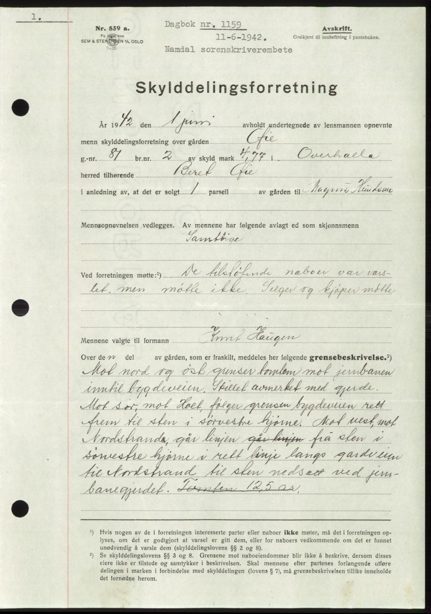 Namdal sorenskriveri, SAT/A-4133/1/2/2C: Pantebok nr. -, 1941-1942, Dagboknr: 1159/1942