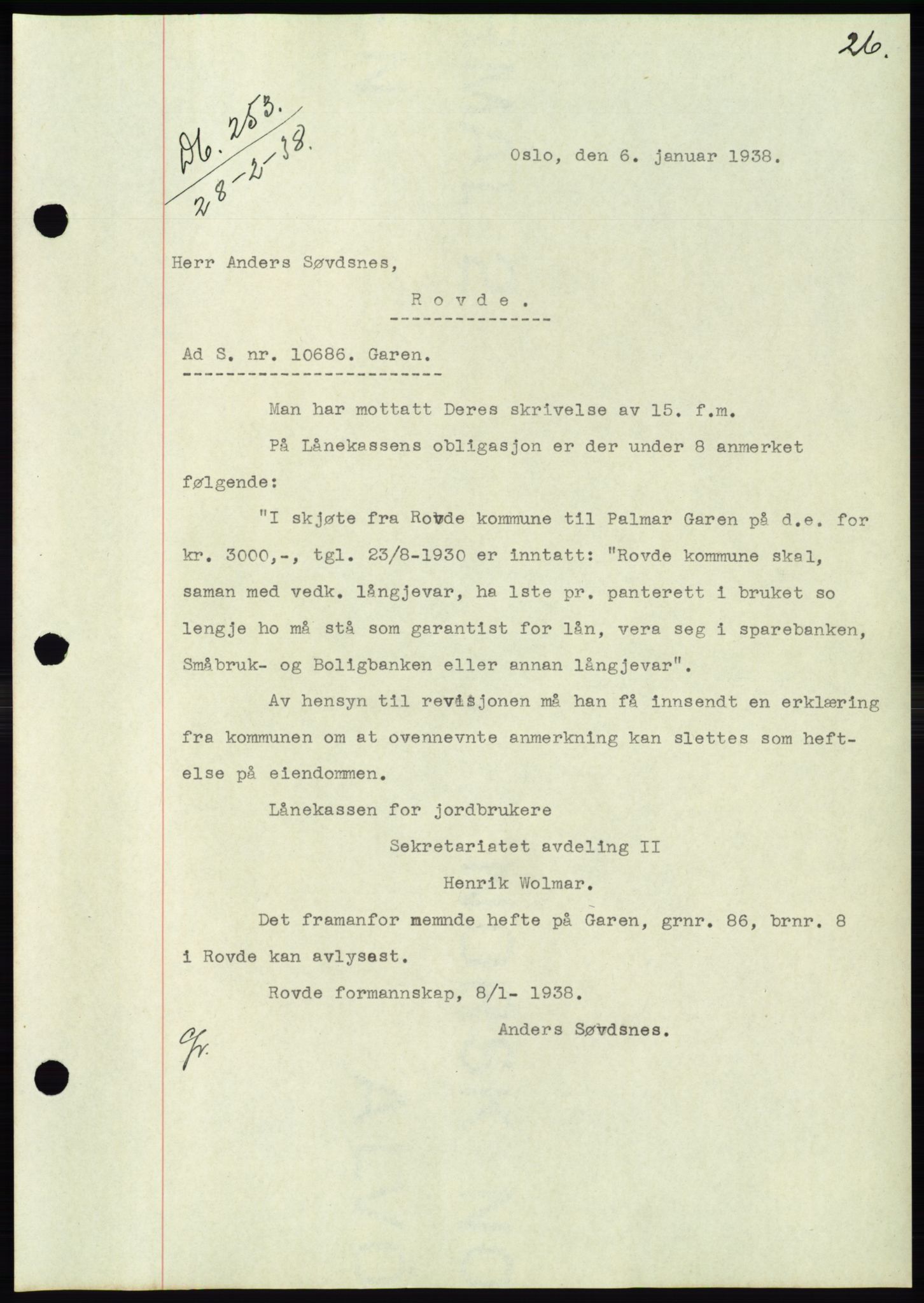 Søre Sunnmøre sorenskriveri, AV/SAT-A-4122/1/2/2C/L0065: Pantebok nr. 59, 1938-1938, Dagboknr: 253/1938