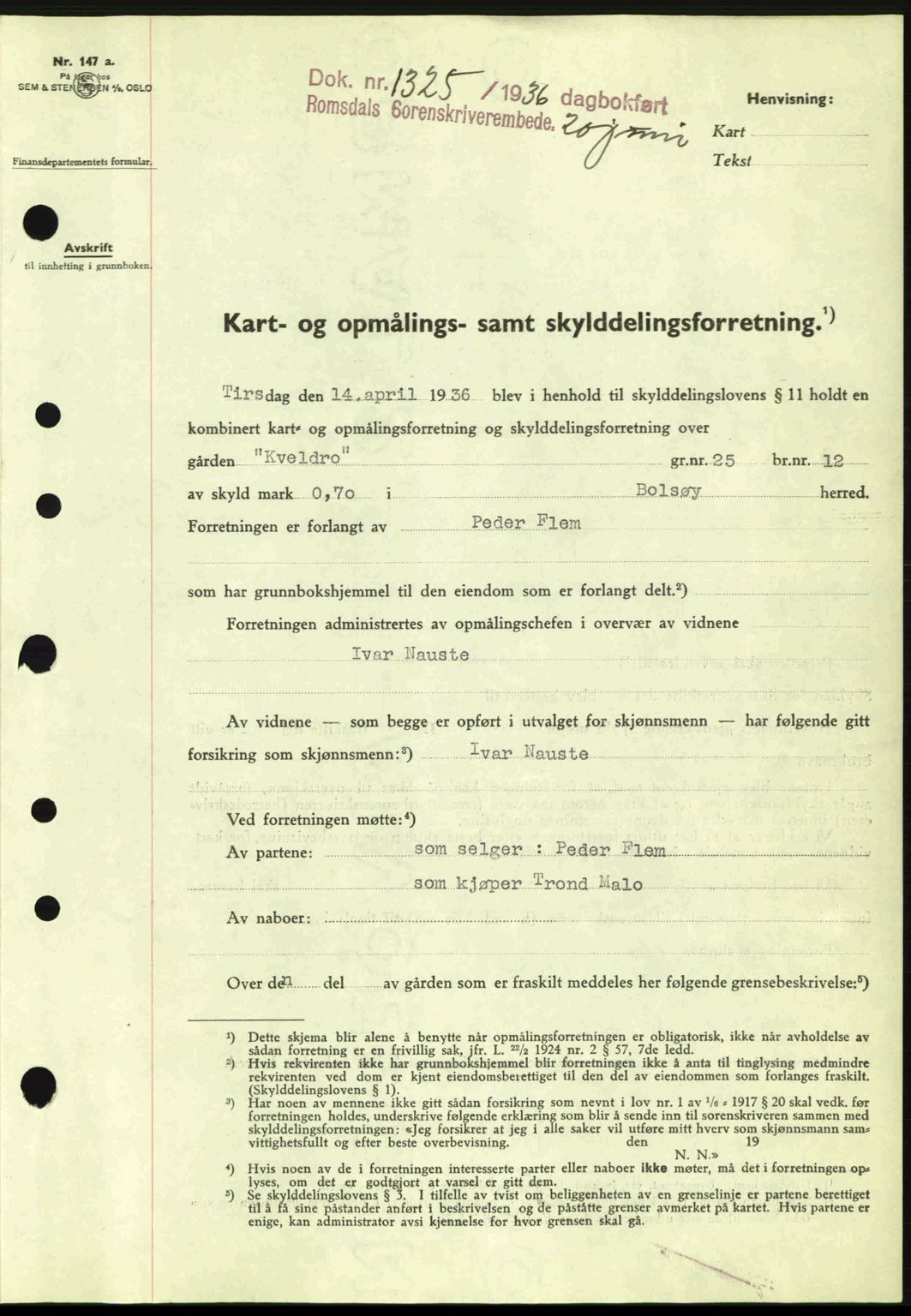 Romsdal sorenskriveri, SAT/A-4149/1/2/2C: Pantebok nr. A1, 1936-1936, Dagboknr: 1325/1936