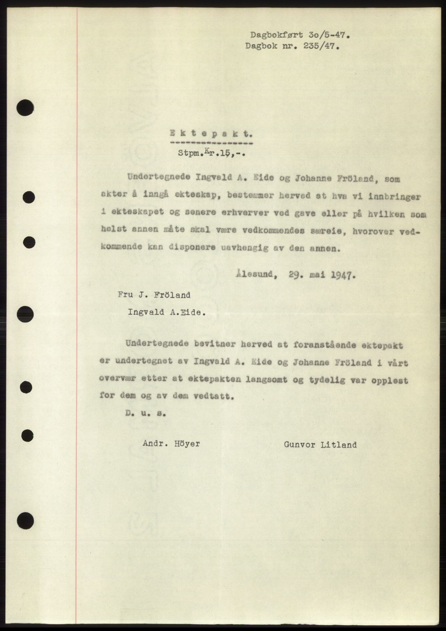 Ålesund byfogd, AV/SAT-A-4384: Pantebok nr. B34-35 b, 1946-1947, Dagboknr: 235/1947